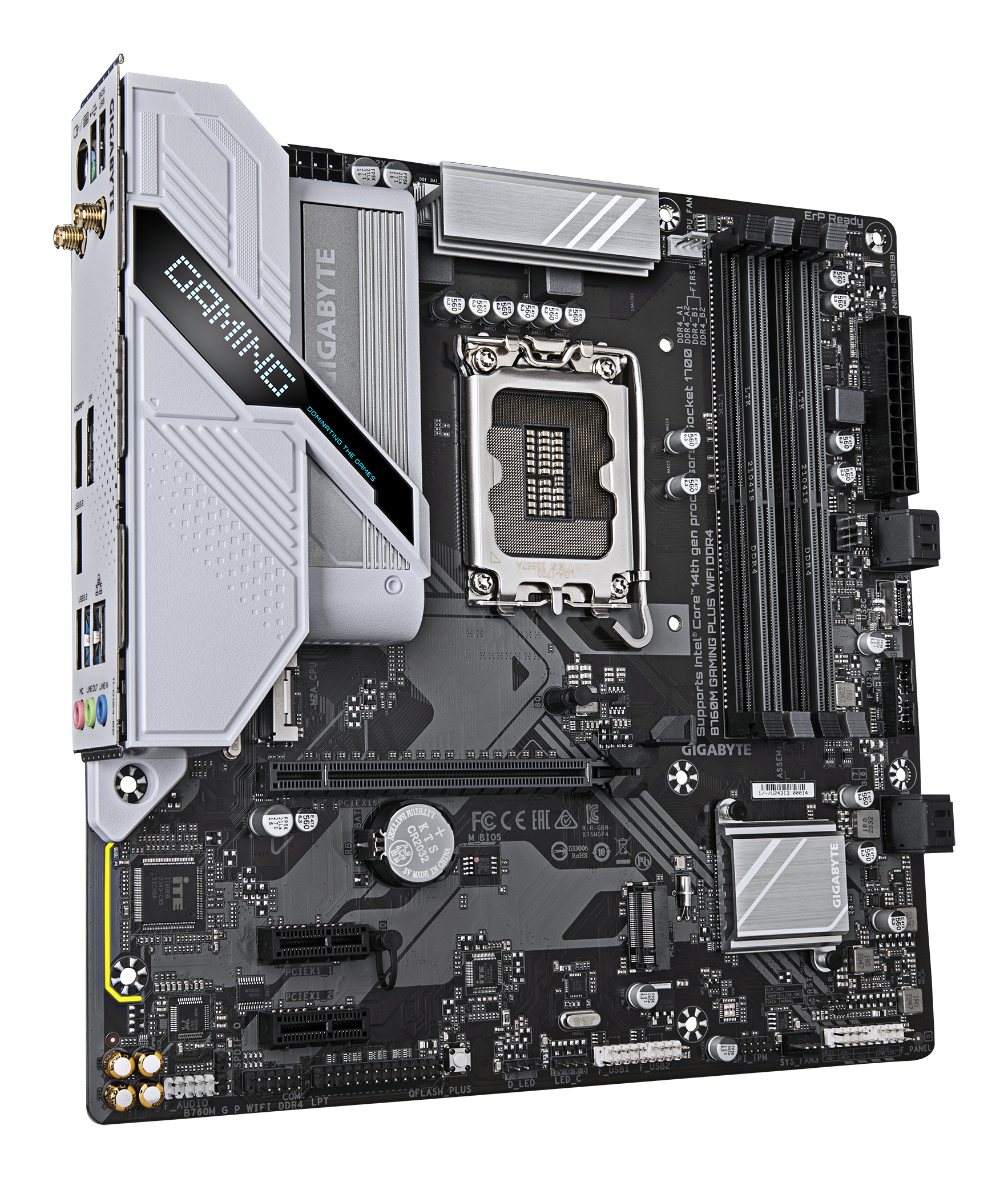 A black and gray Gigabyte B760M Gaming Plus WIFI DDR4 motherboard. Features include a CPU socket, RAM slots, and various connectors.