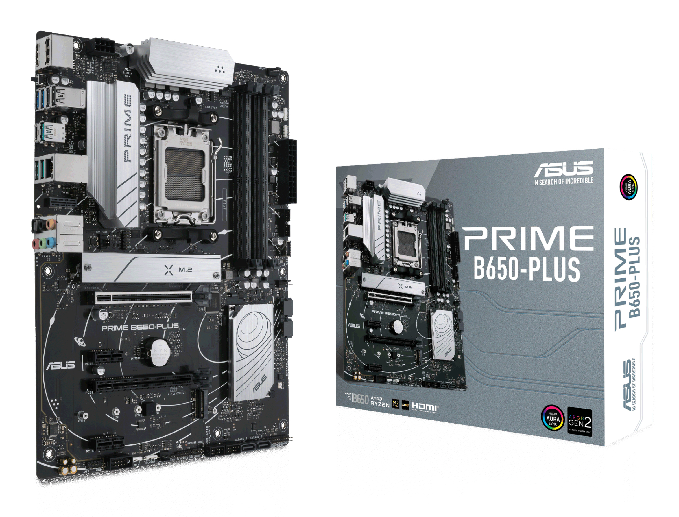 Płyta główna ASUS Prime B650-PLUS i jej pudełko na białej powierzchni. Płyta główna jest czarna i srebrna.
