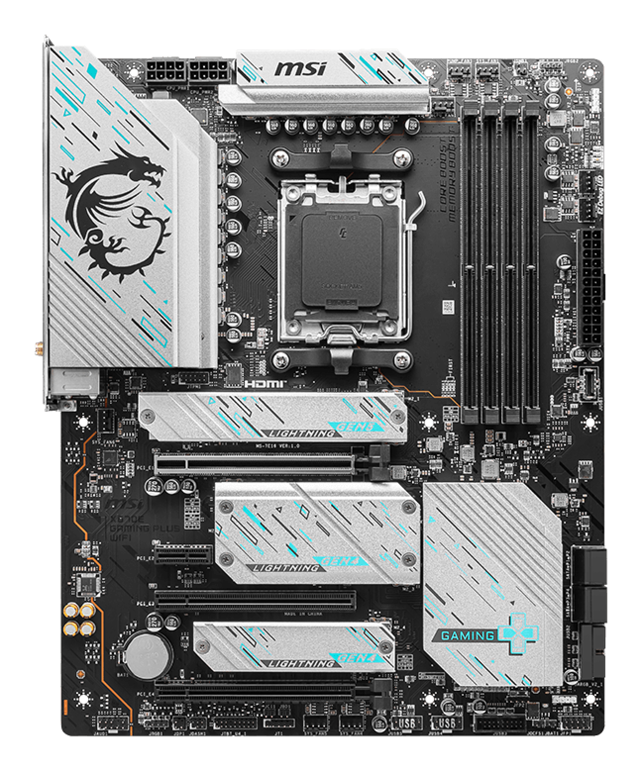 Scheda madre MSI con design nero e argento. Include un logo del drago, il marchio 'LIGHTNING' e varie porte e slot.