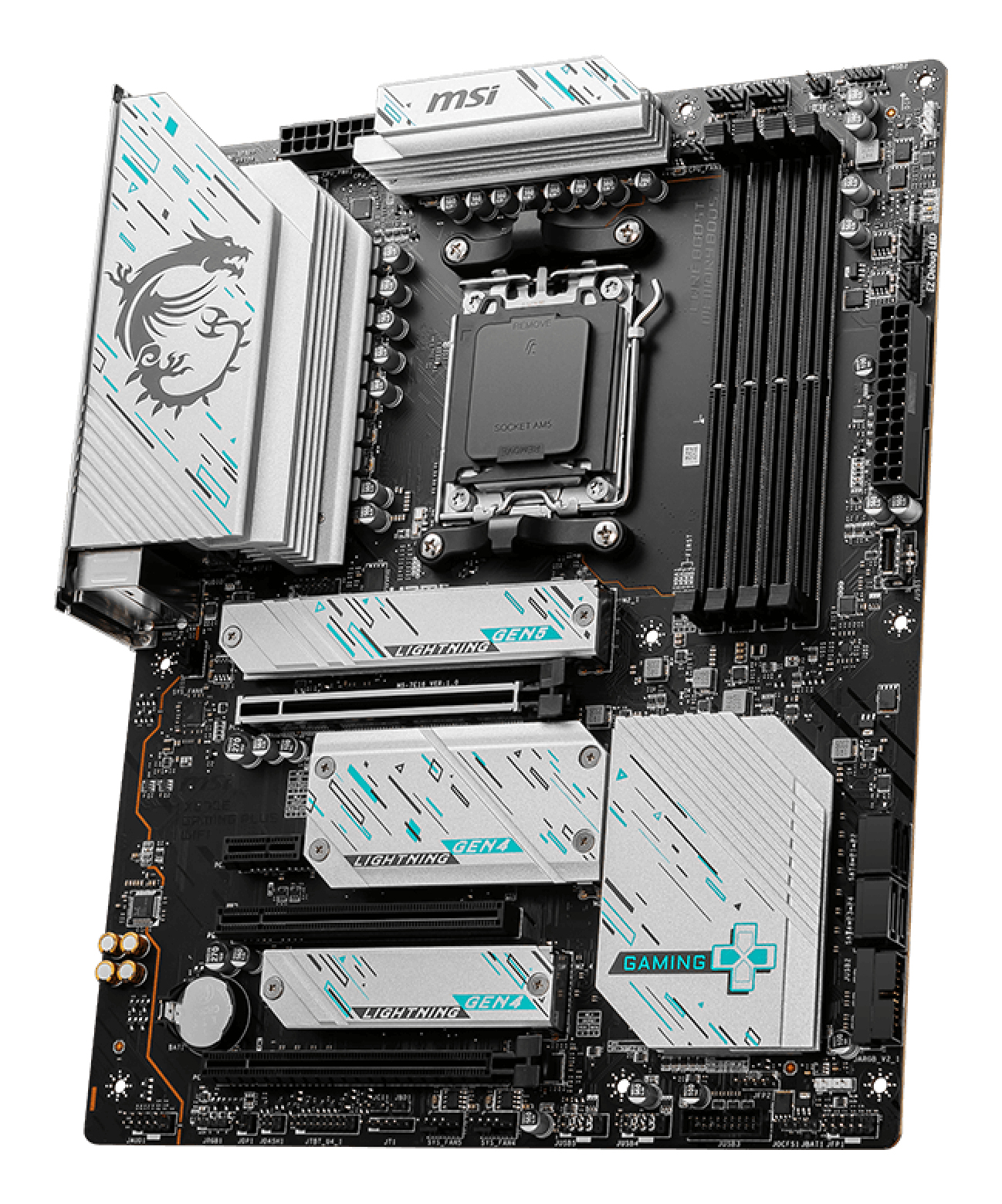 Una scheda madre MSI nera con dettagli argento e turchese. Include un socket CPU, slot RAM e diversi slot di espansione.