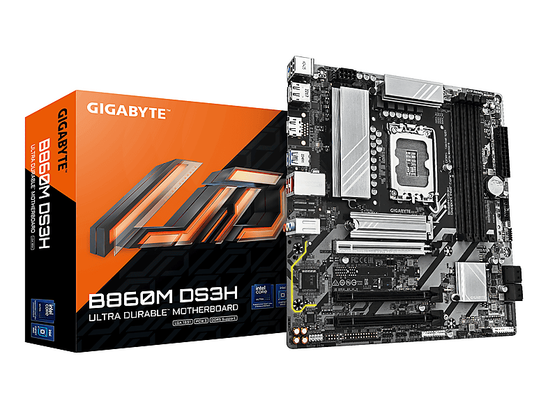 GIGABYTE B860M DS3H Mainboard - Intel Core Ultra CPUs, 5+1+2+1 Phasen VRM, bis Mainboard Mehrfarbig