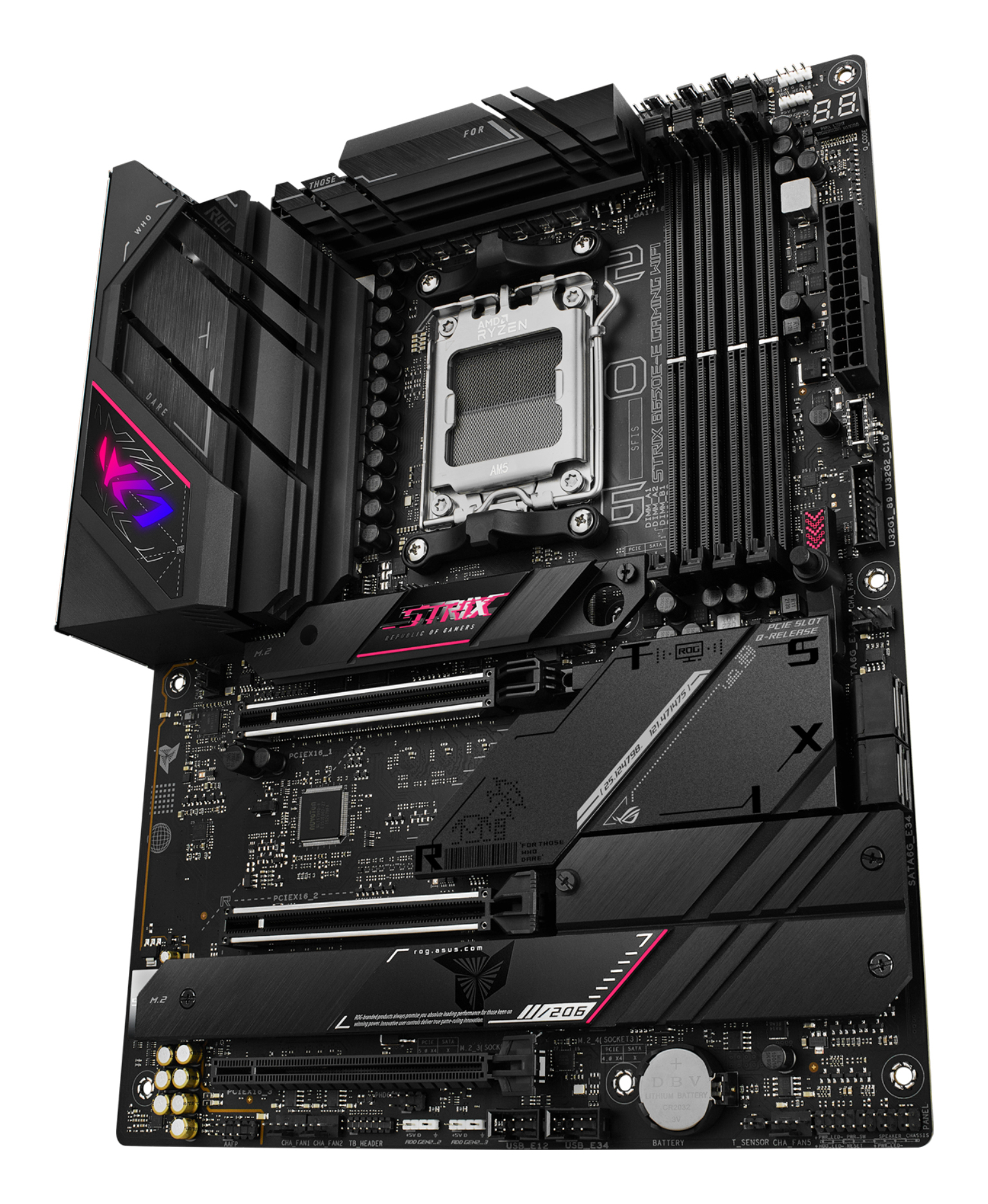 Czarna płyta główna ASUS ROG Strix. Posiada gniazdo CPU, sloty RAM, wiele portów i logo ROG Strix.