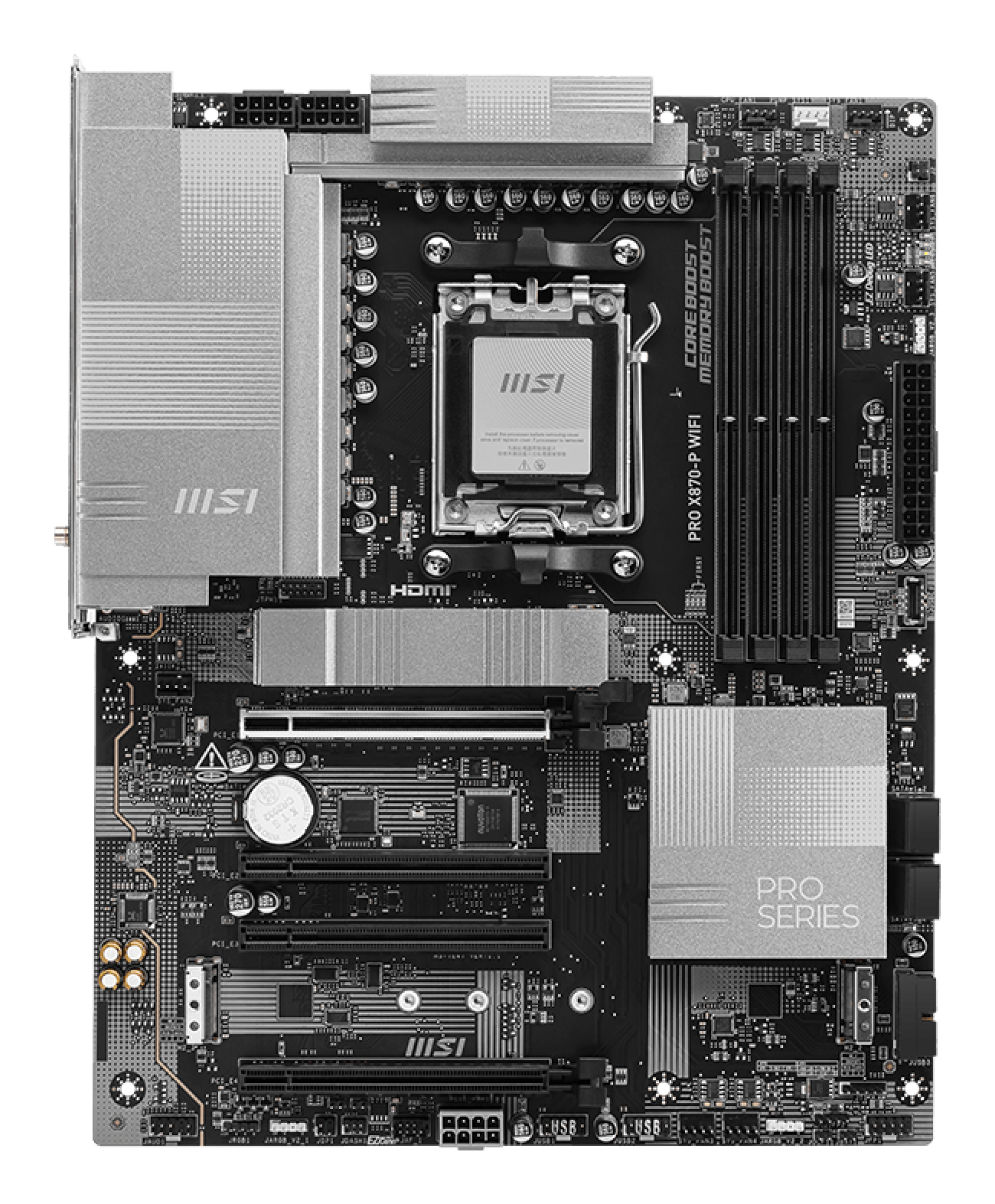 Zwart MSI Pro X670-P WIFI moederbord. Het heeft diverse slots en connectoren, met metalen koelplaten en een CPU-socket.