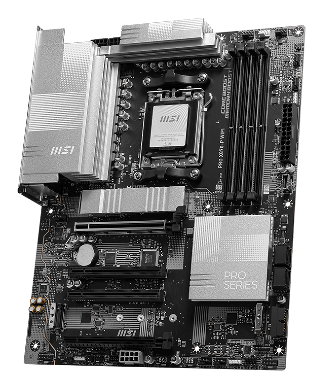 Een zwart-zilveren MSI PRO X670-P WIFI moederbord. Belangrijkste componenten zijn een CPU-socket, RAM-sleuven en diverse connectoren.