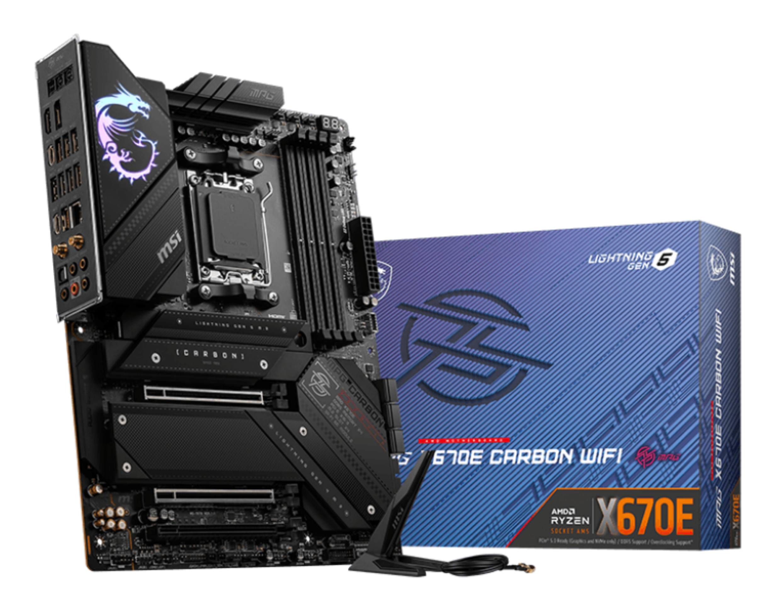 Une carte mère MSI X670E noire avec une boîte bleue. La boîte indique X670E Carbon WiFi. Un logo de dragon est sur la carte.