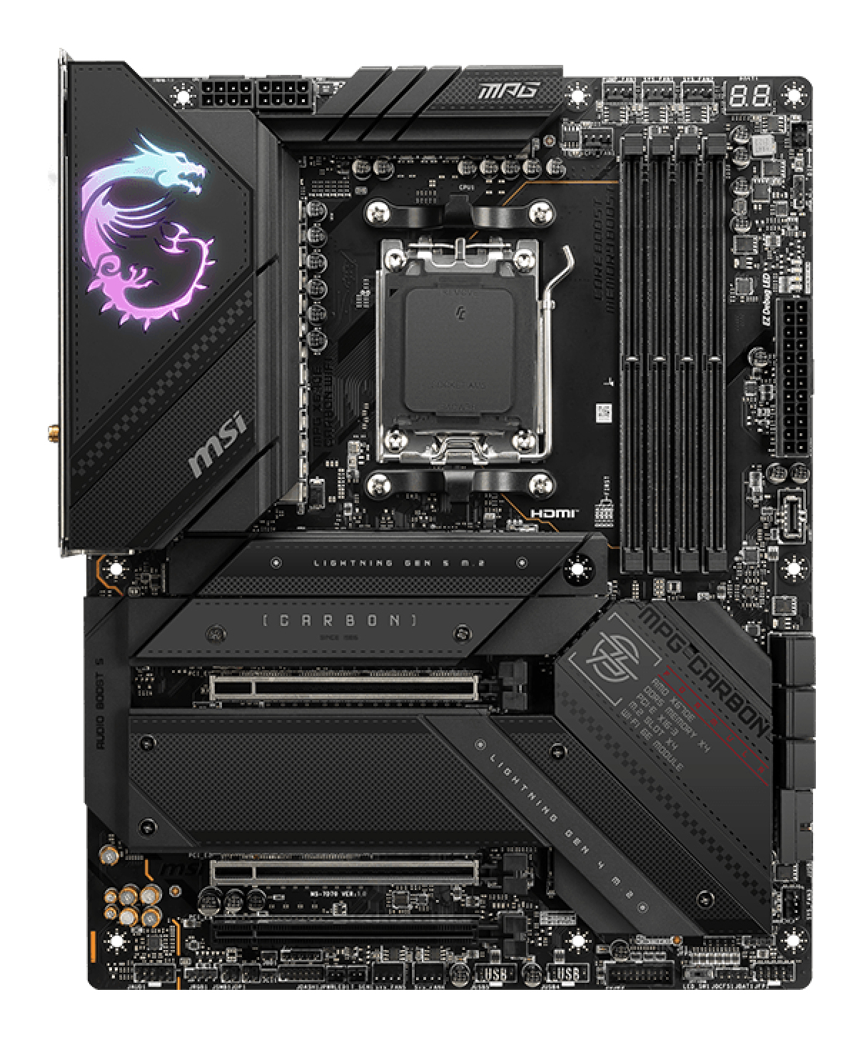 Carte mère MSI MPG-CARBON noire avec socket CPU, emplacements RAM et divers ports. Logo du dragon à gauche.