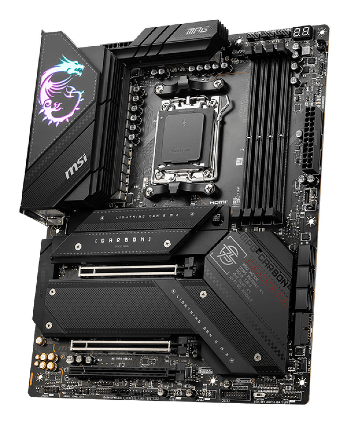Une carte mère MSI noire avec un logo de dragon, diverses fentes et le texte 'MPG CARBON'. Elle a plusieurs connecteurs et puces.
