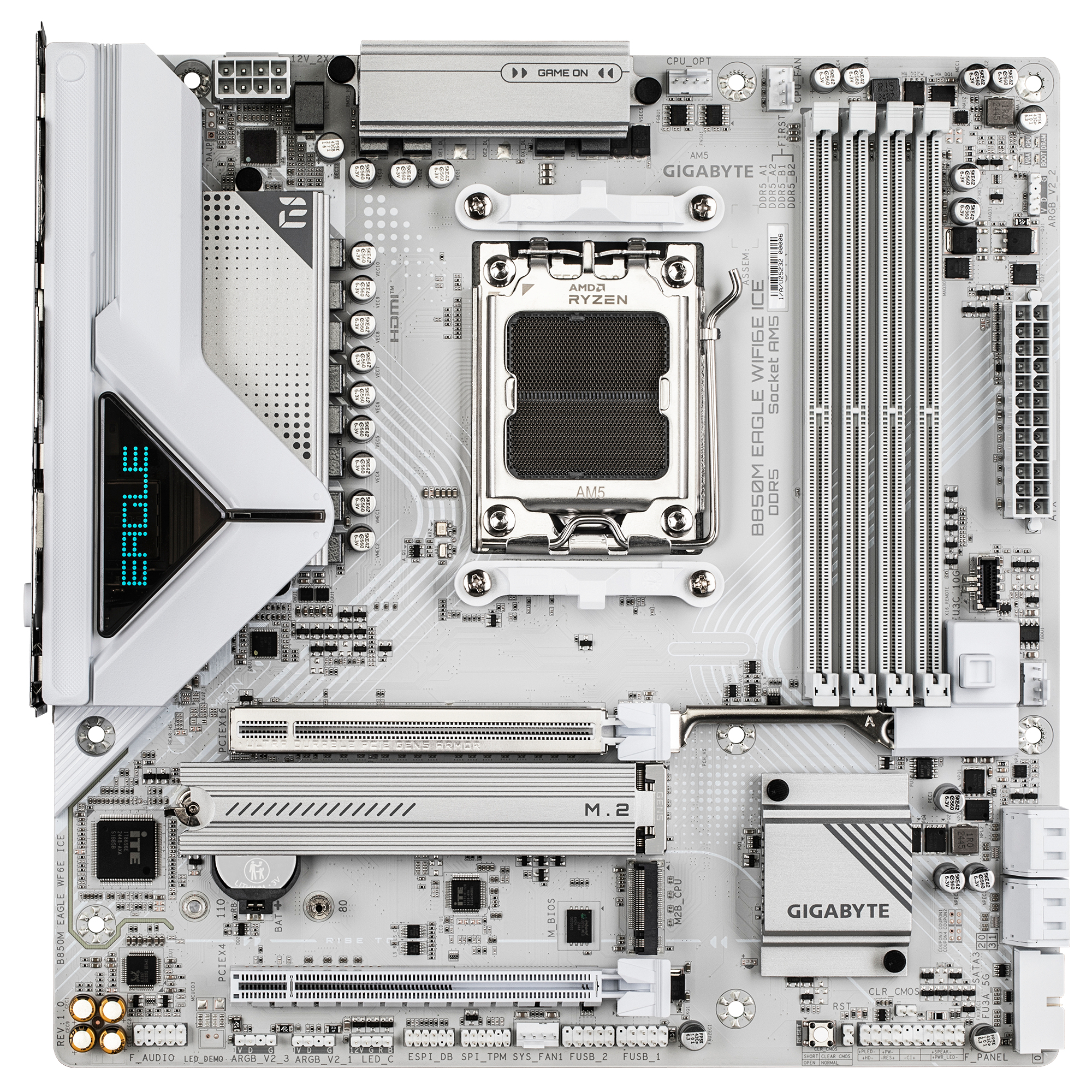 Una scheda madre per computer grigio chiaro, con vari componenti, slot e il logo Gigabyte.
