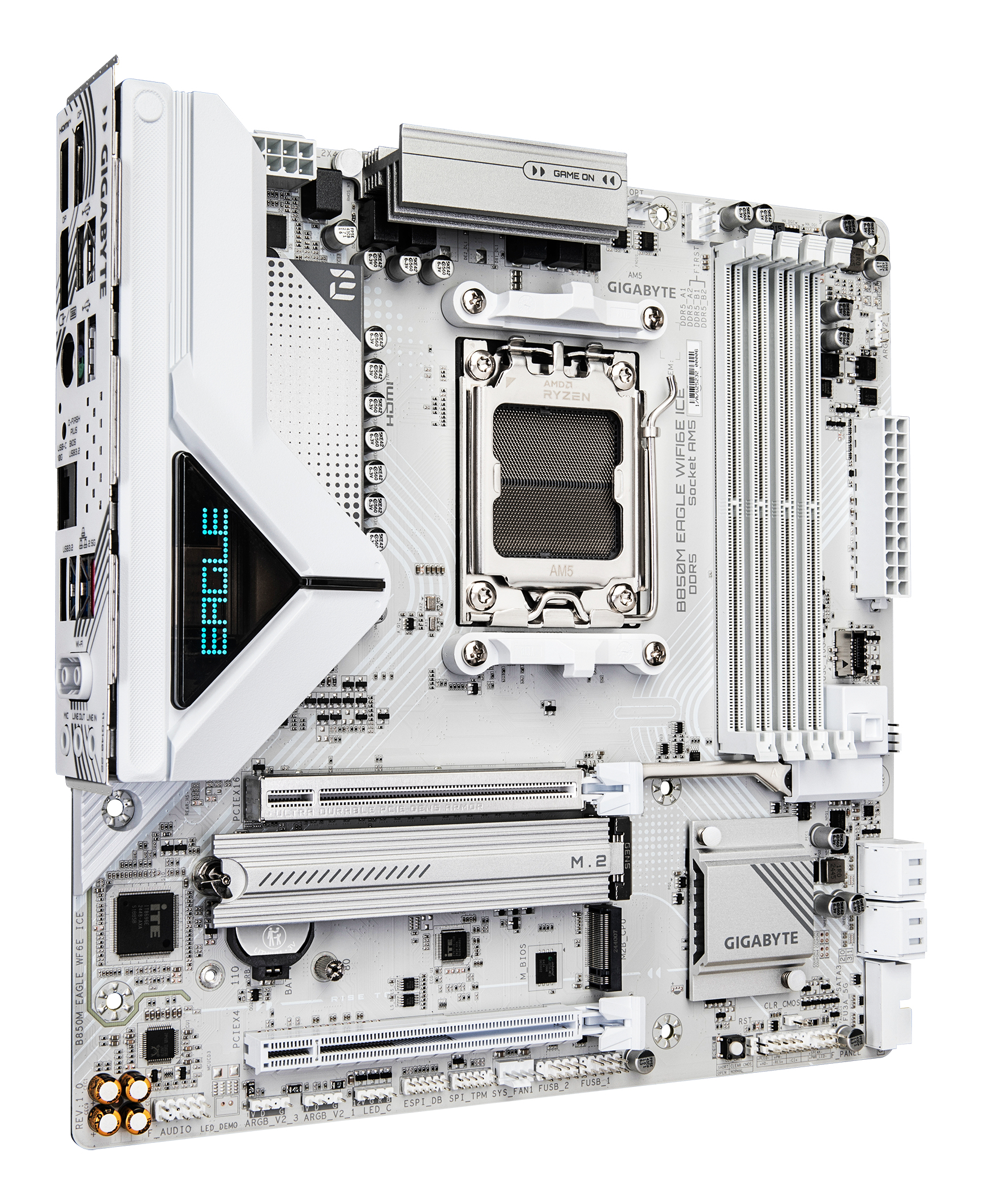 Una scheda madre Gigabyte bianca e grigia con vari componenti, tra cui un socket CPU, slot RAM e connettori.