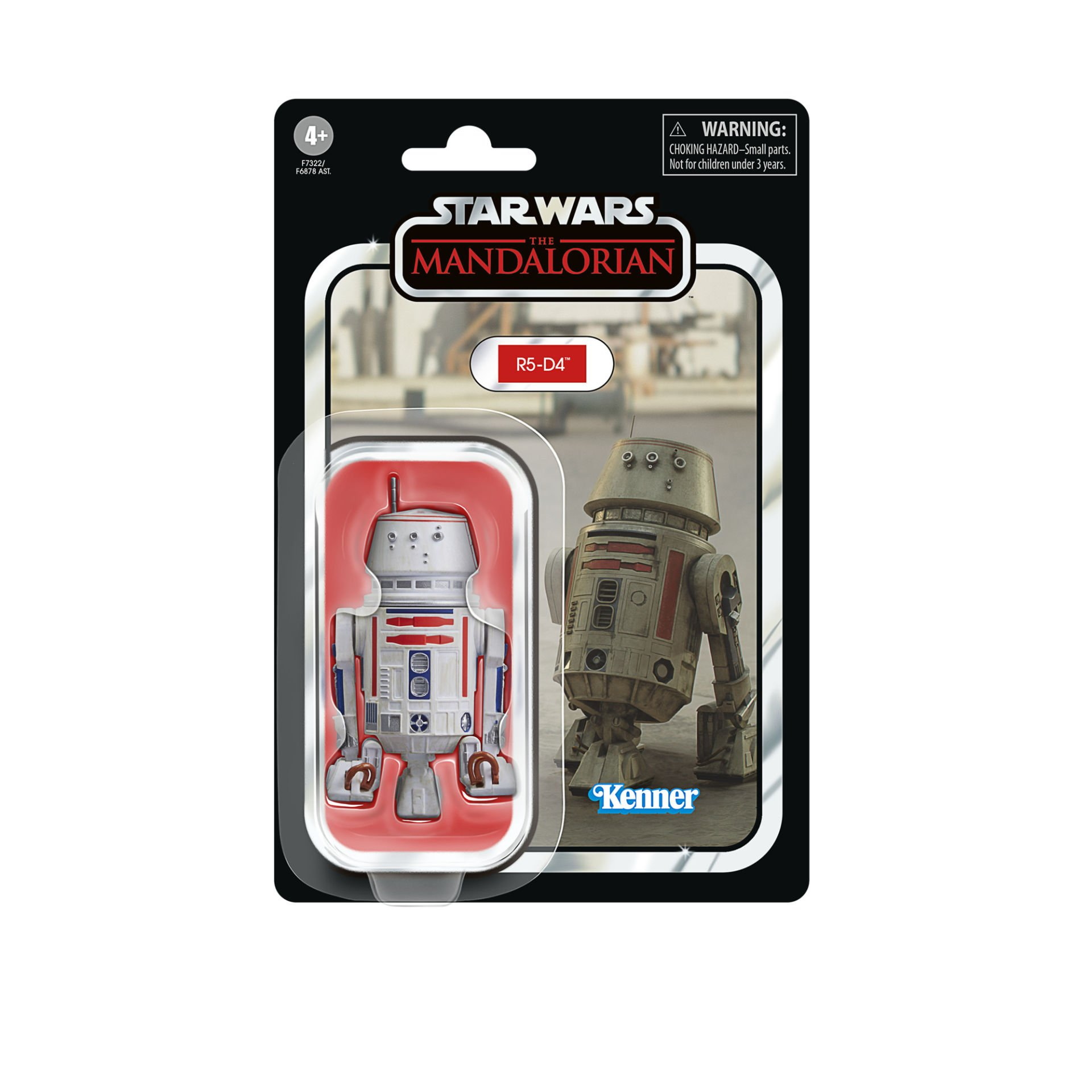 Opakowanie figurki akcji Star Wars Mandalorian. Zawiera R5-D4. Opakowanie jest czarne i czerwone. Na górze znajduje się komunikat ostrzegawczy.