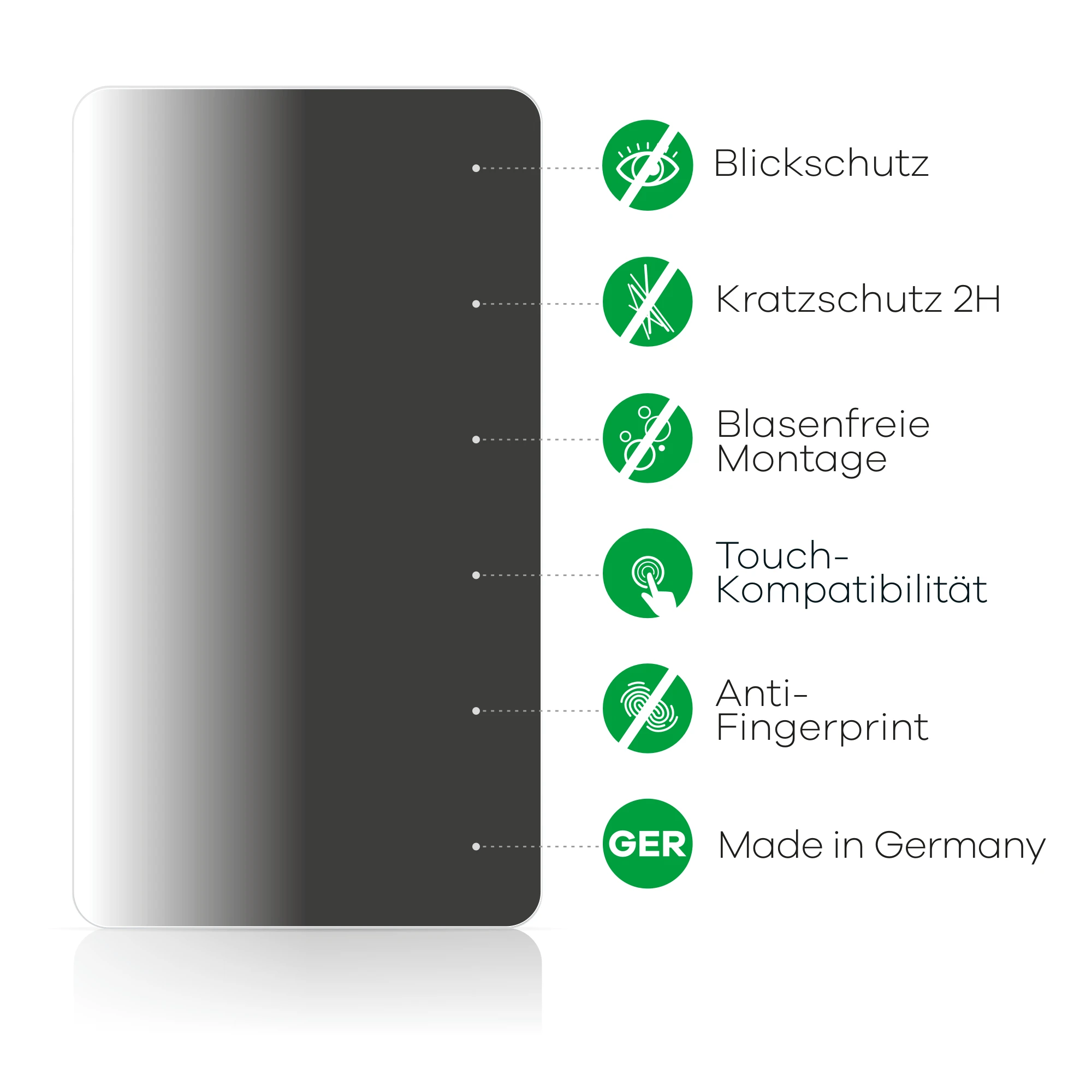 Ein Displayschutz mit Symbolen für Funktionen wie Datenschutz, Kratzfestigkeit und Touch-Kompatibilität. Hergestellt in Deutschland.