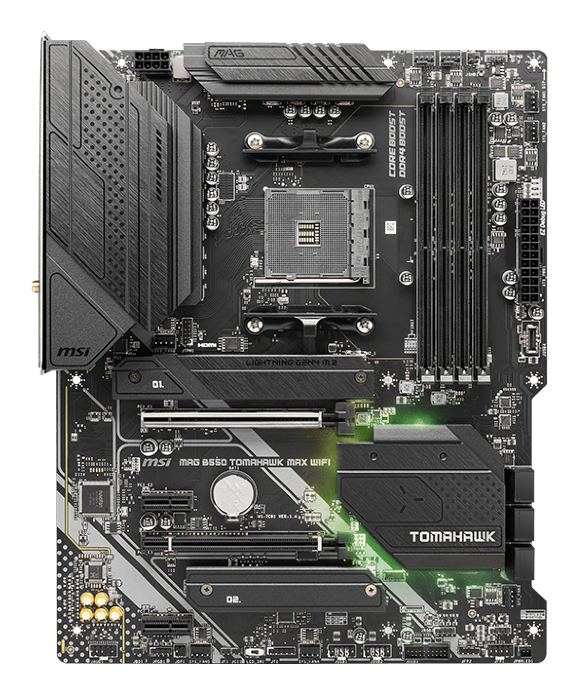 Czarna płyta główna MSI MAG B550 TOMAHAWK MAX WIFI. Kluczowe elementy to gniazdo CPU, sloty RAM i złącza.