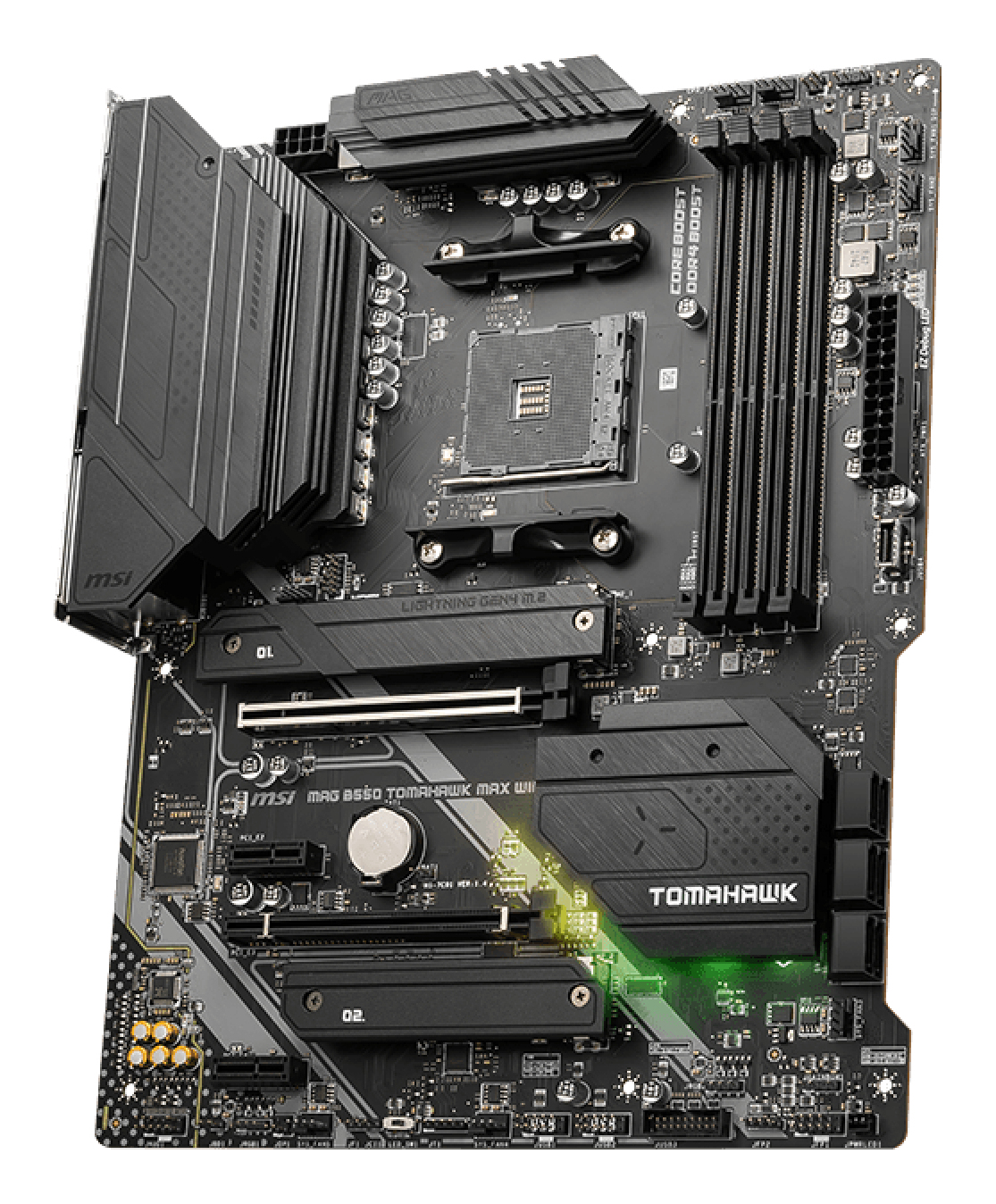 Czarna płyta główna MSI MAG B550 TOMAHAWK MAX WIFI. Zawiera gniazda, złącza i logo MSI. Zielone podświetlenie podkreśla niektóre obszary.