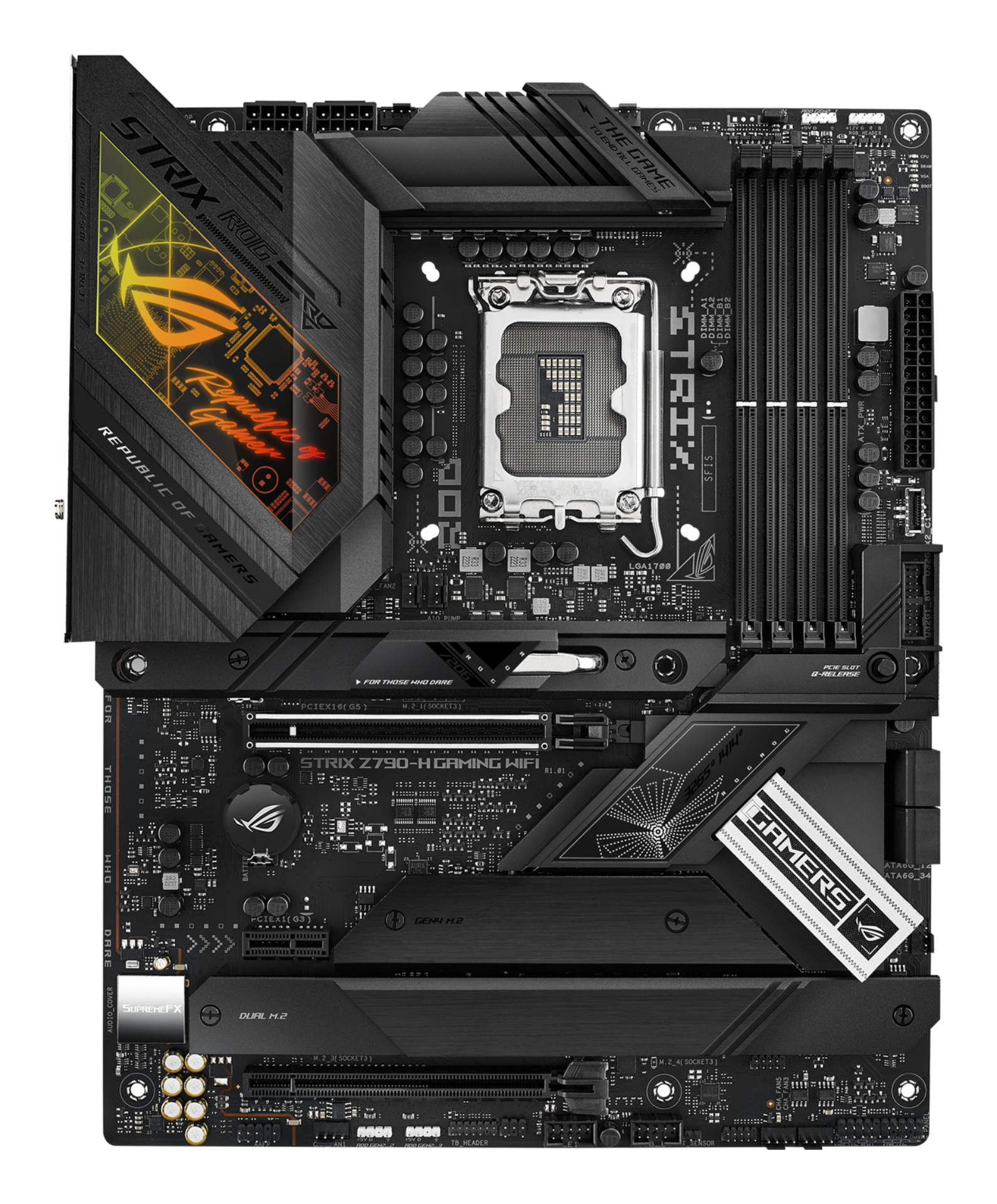 Una placa base negra con el logotipo de Republic of Gamers y el texto STRIX Z790-H GAMING WIFI.