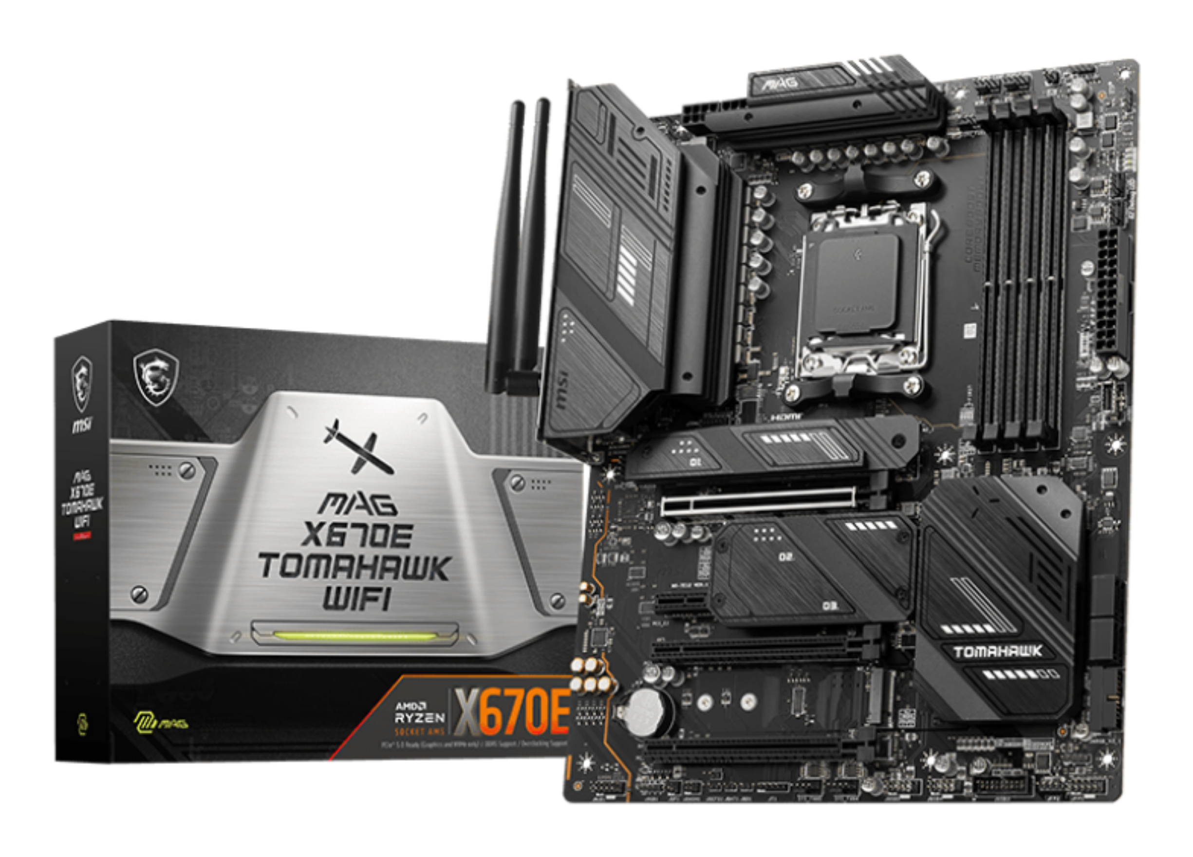 Ein schwarzes und silbernes MSI MAG X670E Tomahawk WiFi-Motherboard und seine Box werden gezeigt.