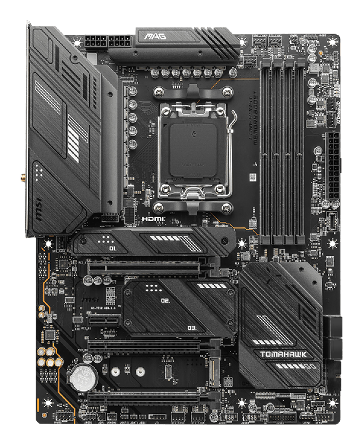 Schwarzes MSI Tomahawk-Motherboard. Enthält verschiedene Steckplätze, Anschlüsse und Chips. Text enthält 'HDMI', 'MAG', 'DDR4' und 'Tomahawk'.