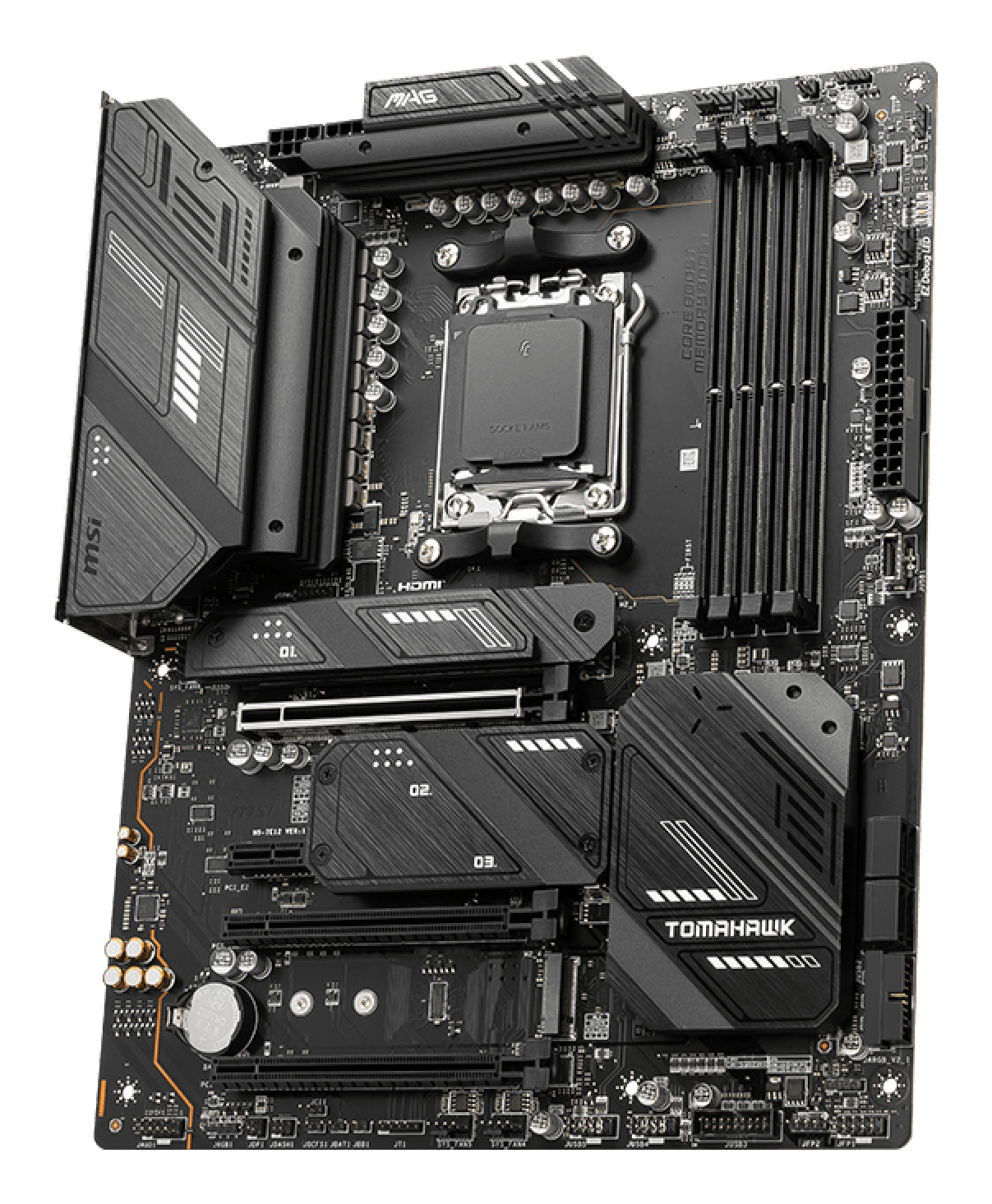 Schwarzes MSI Tomahawk-Motherboard. Merkmale sind ein CPU-Sockel, RAM-Steckplätze, mehrere Anschlüsse und das Branding 'Tomahawk'.