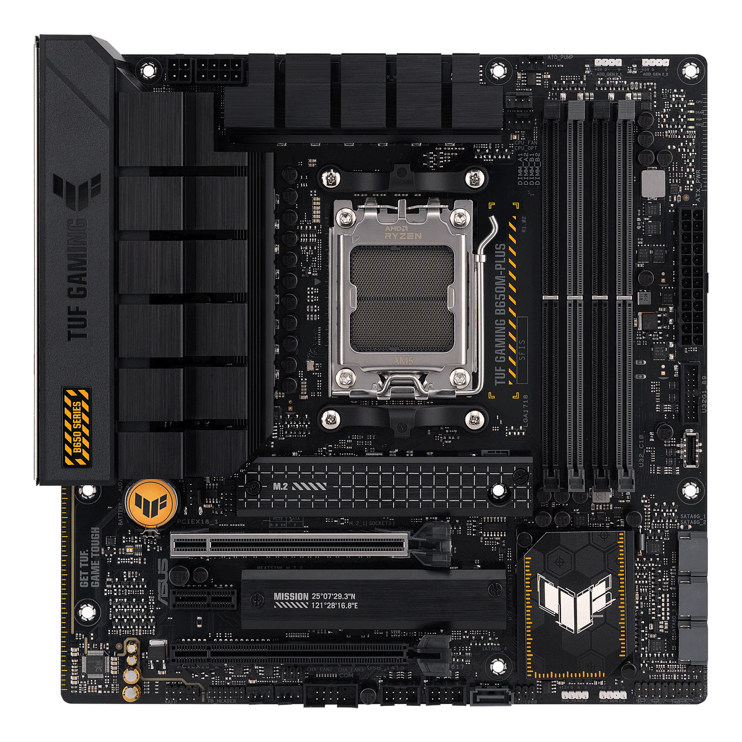 Black and yellow computer motherboard. It has slots, ports, and the words 'TUF GAMING' are visible.