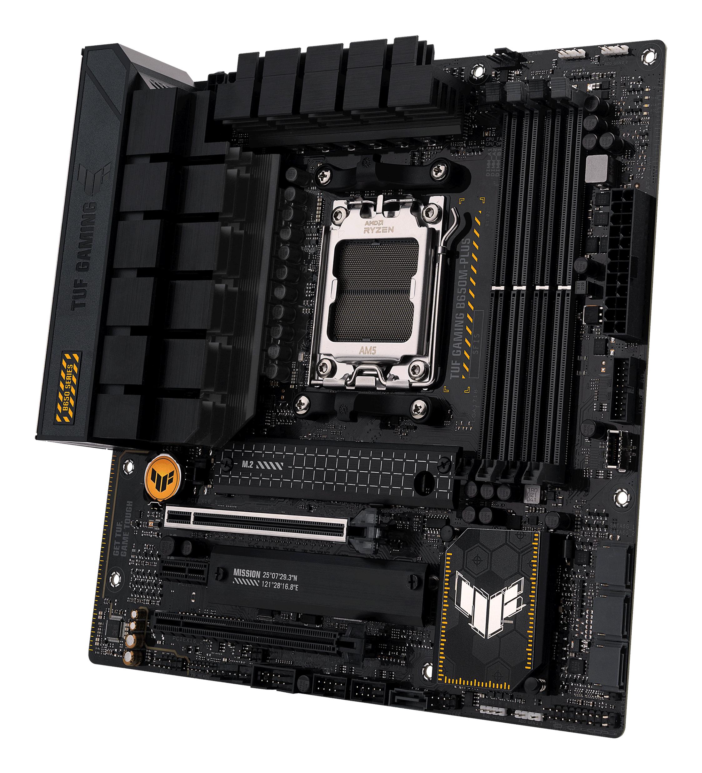 A black motherboard with various components, including a CPU socket, RAM slots, and heat sinks, against a white background.