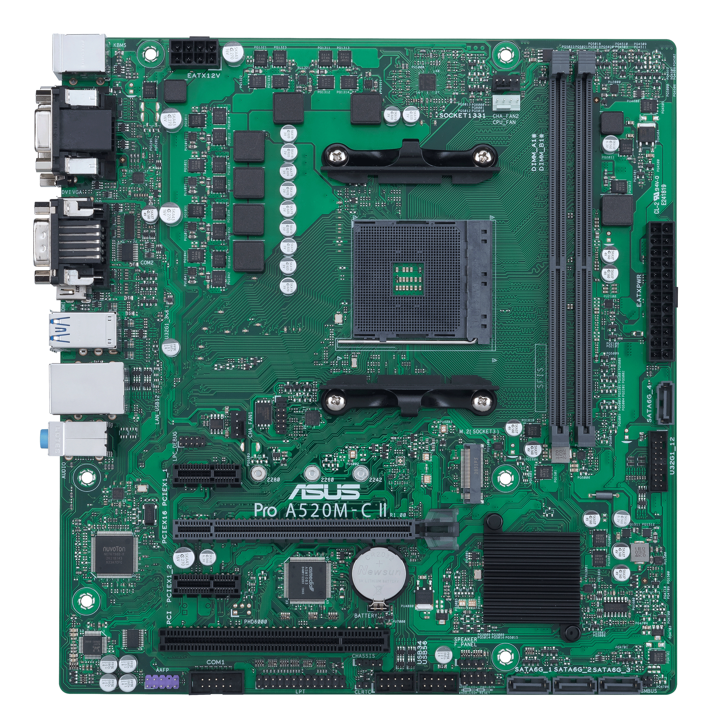 Scheda madre verde ASUS Pro A520M-C II con vari componenti, tra cui slot, connettori e una batteria.