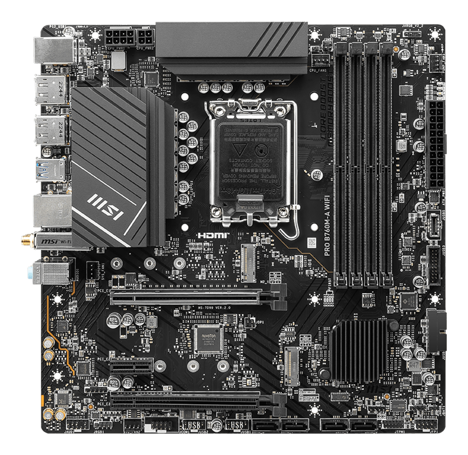 Una scheda madre nera MSI PRO B760M-A WIFI. Ha più slot, porte e connettori. Il logo MSI è visibile.
