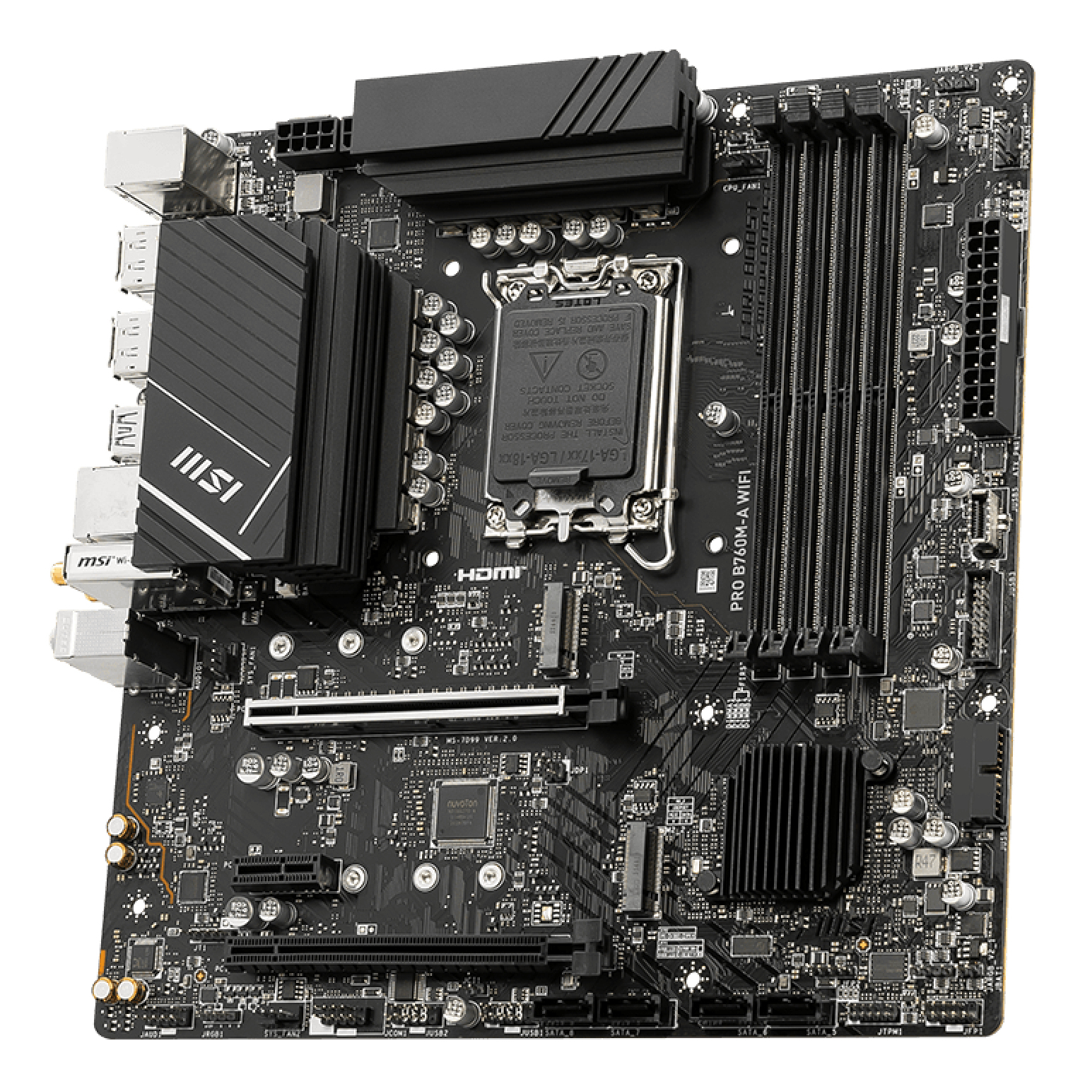 Scheda madre MSI PRO B760M-A WIFI nera. Caratteristiche: socket CPU, slot RAM, dissipatori di calore e vari connettori. Lo sfondo è bianco.