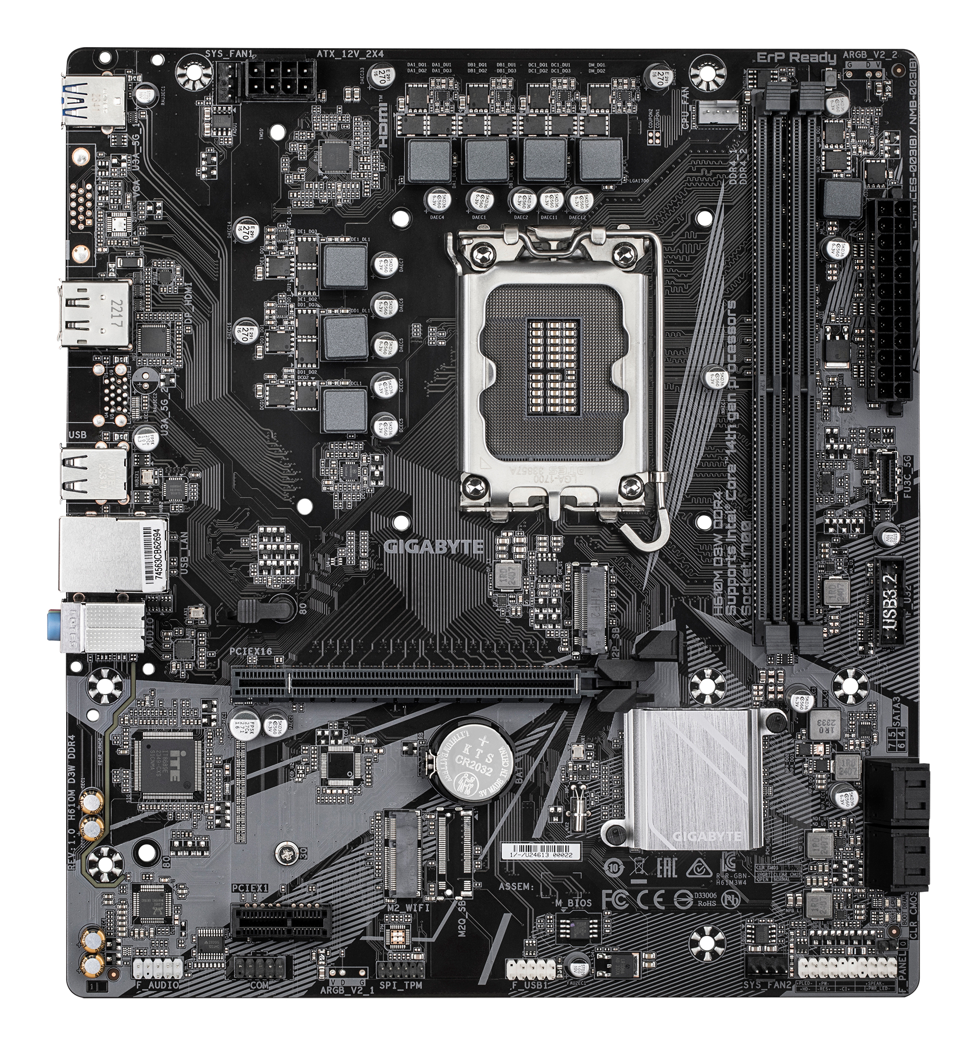 Ein schwarzes Gigabyte-Motherboard mit verschiedenen Komponenten wie Steckplätzen, Anschlüssen und einem CPU-Sockel.