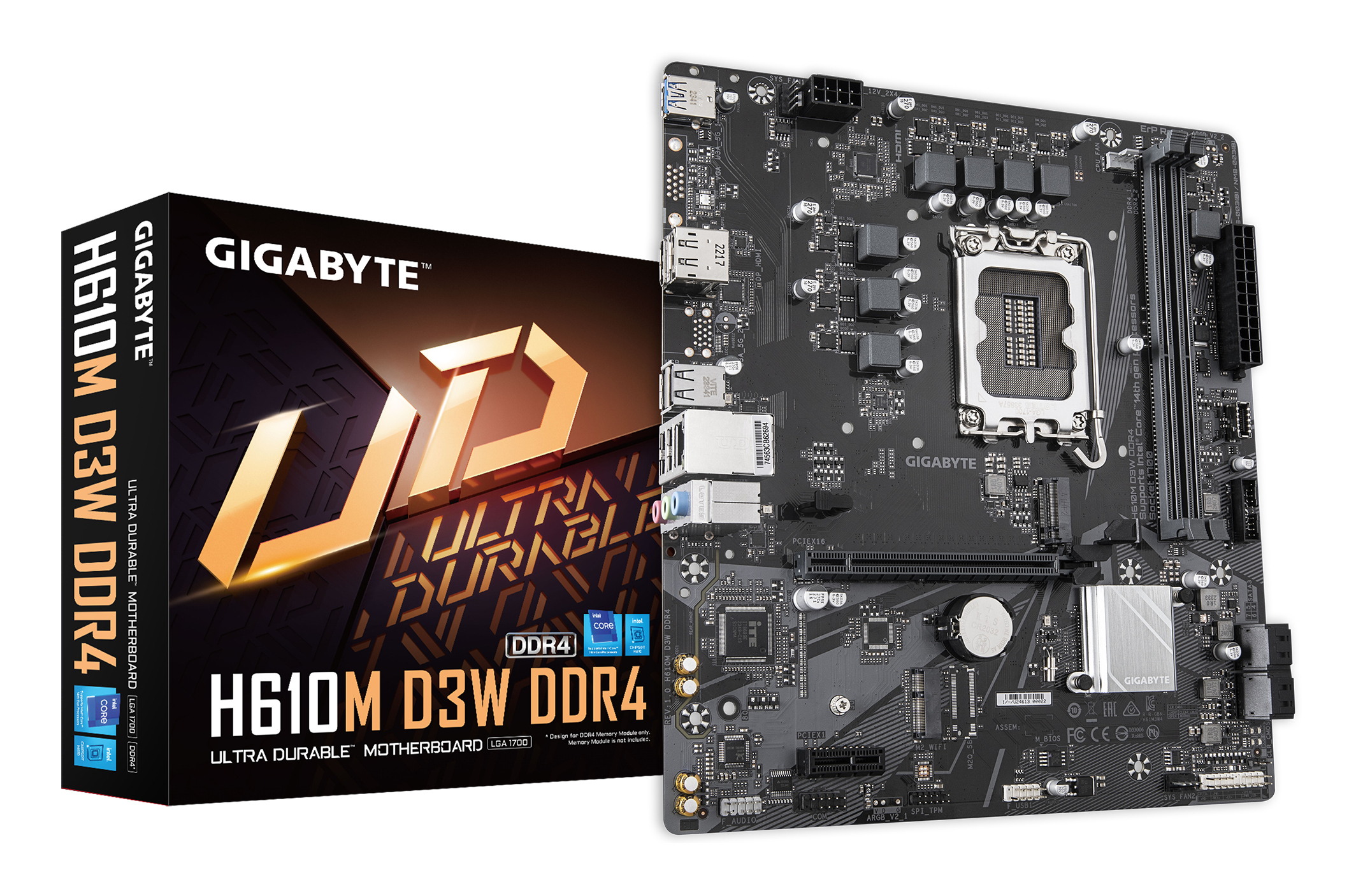 Eine Gigabyte H610M D3W DDR4 Hauptplatine und ihre Box werden gezeigt. Die Box ist links, das Motherboard rechts.