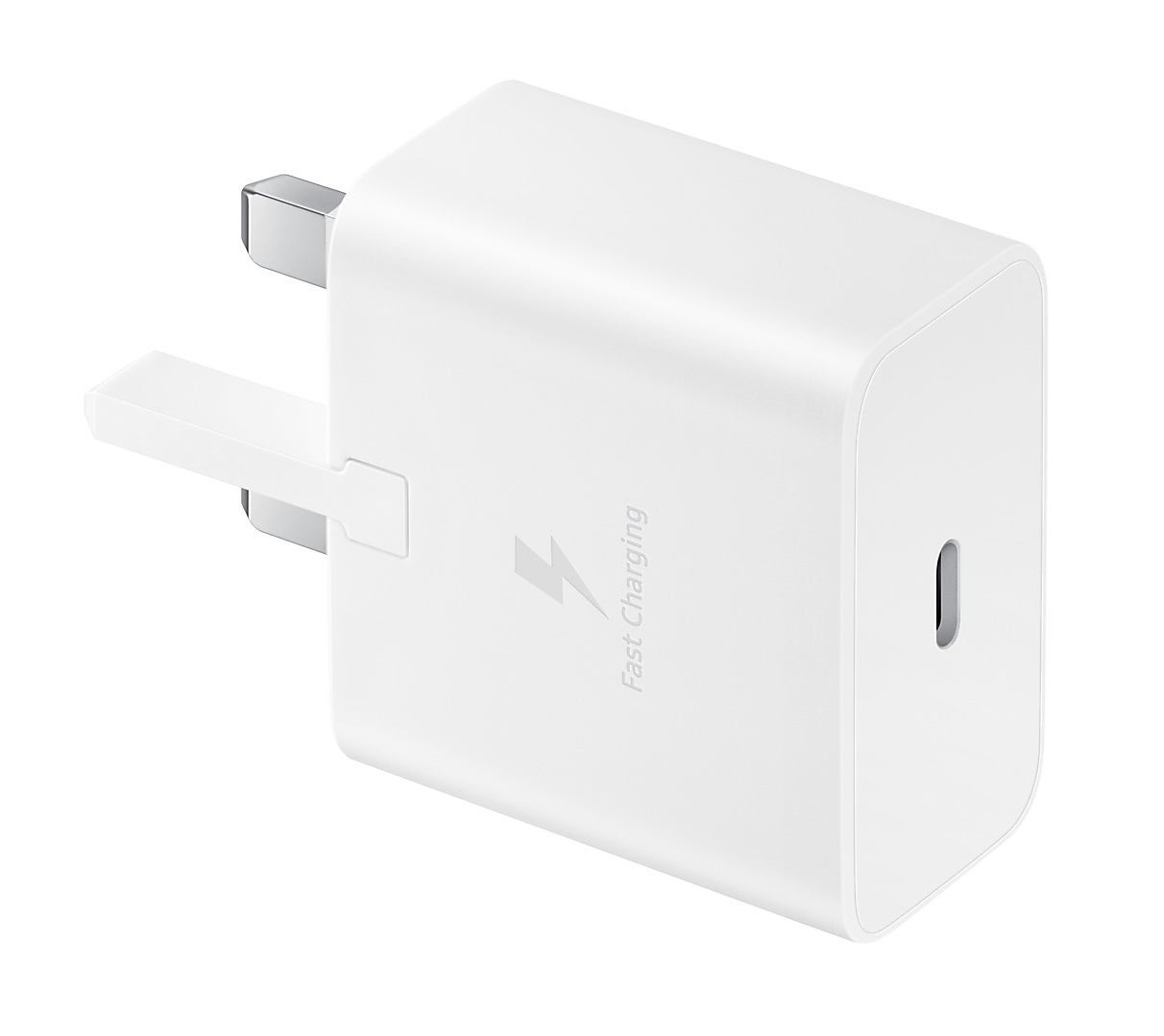 Un adaptateur de charge rapide Samsung blanc avec une prise britannique. Il possède un port USB-C et un symbole d'éclair.