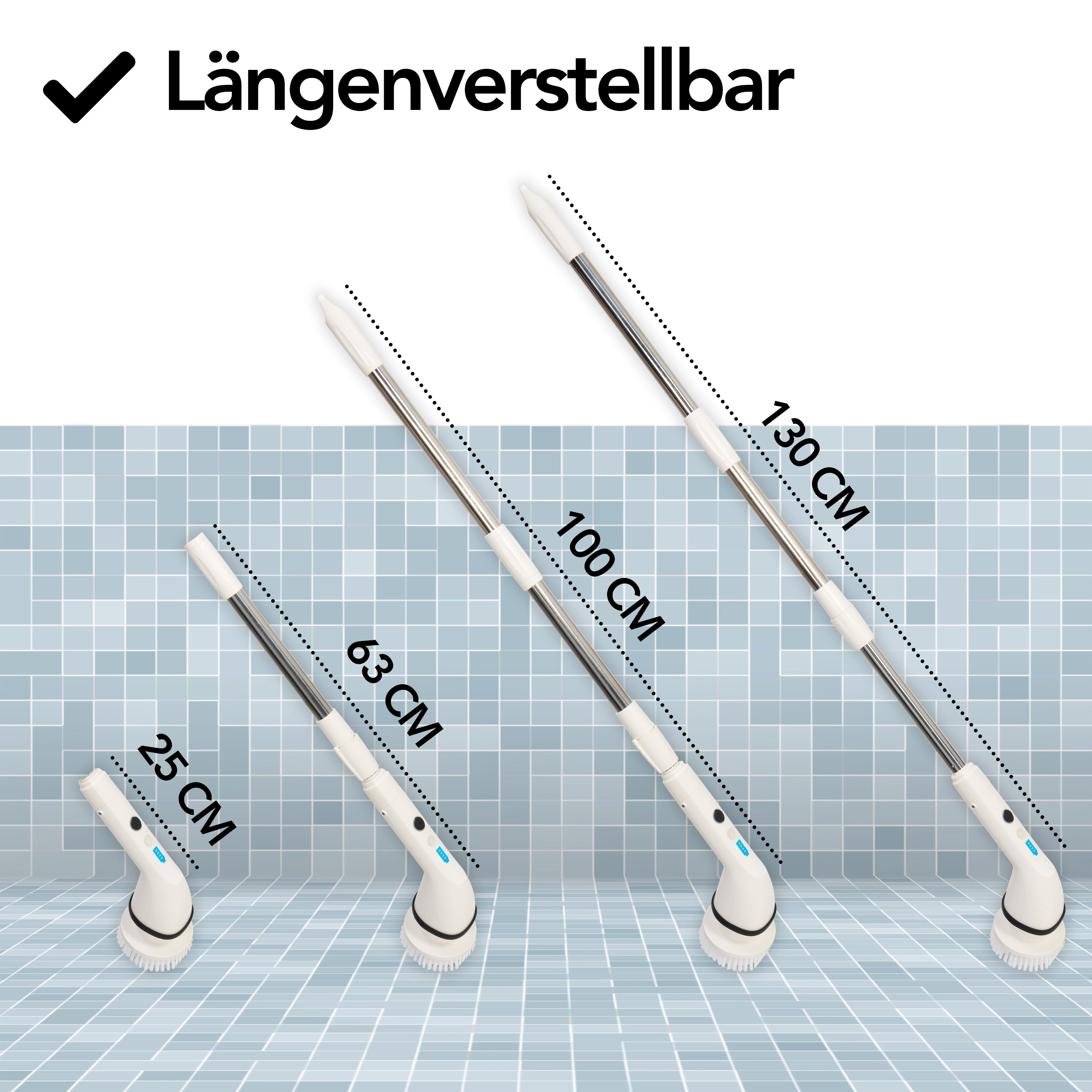 Image shows an adjustable cleaning brush with different lengths. The text says Längenverstellbar (Length adjustable).