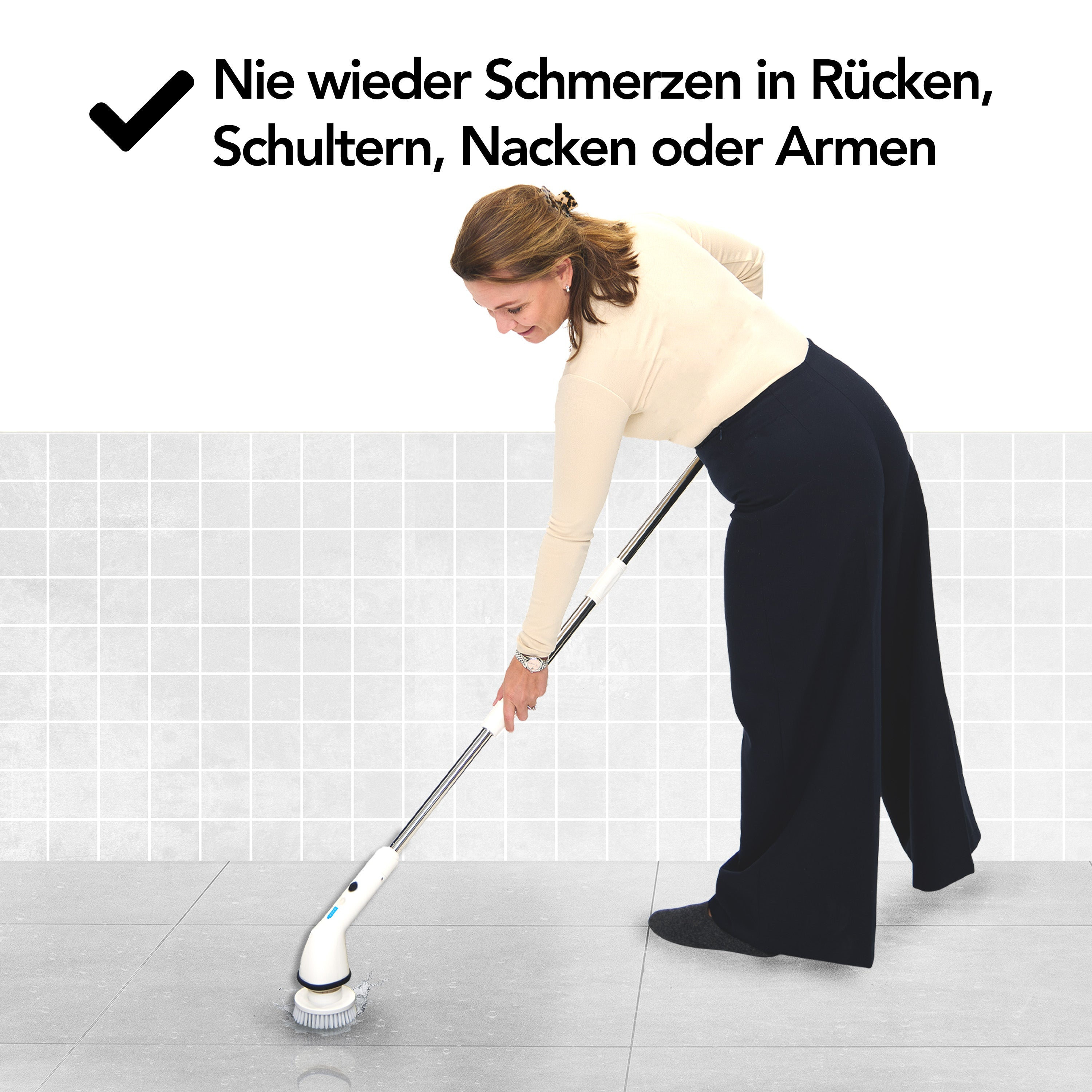 Woman using a white cleaning brush on a gray floor. Text says: No more pain in back, shoulders, neck, or arms.