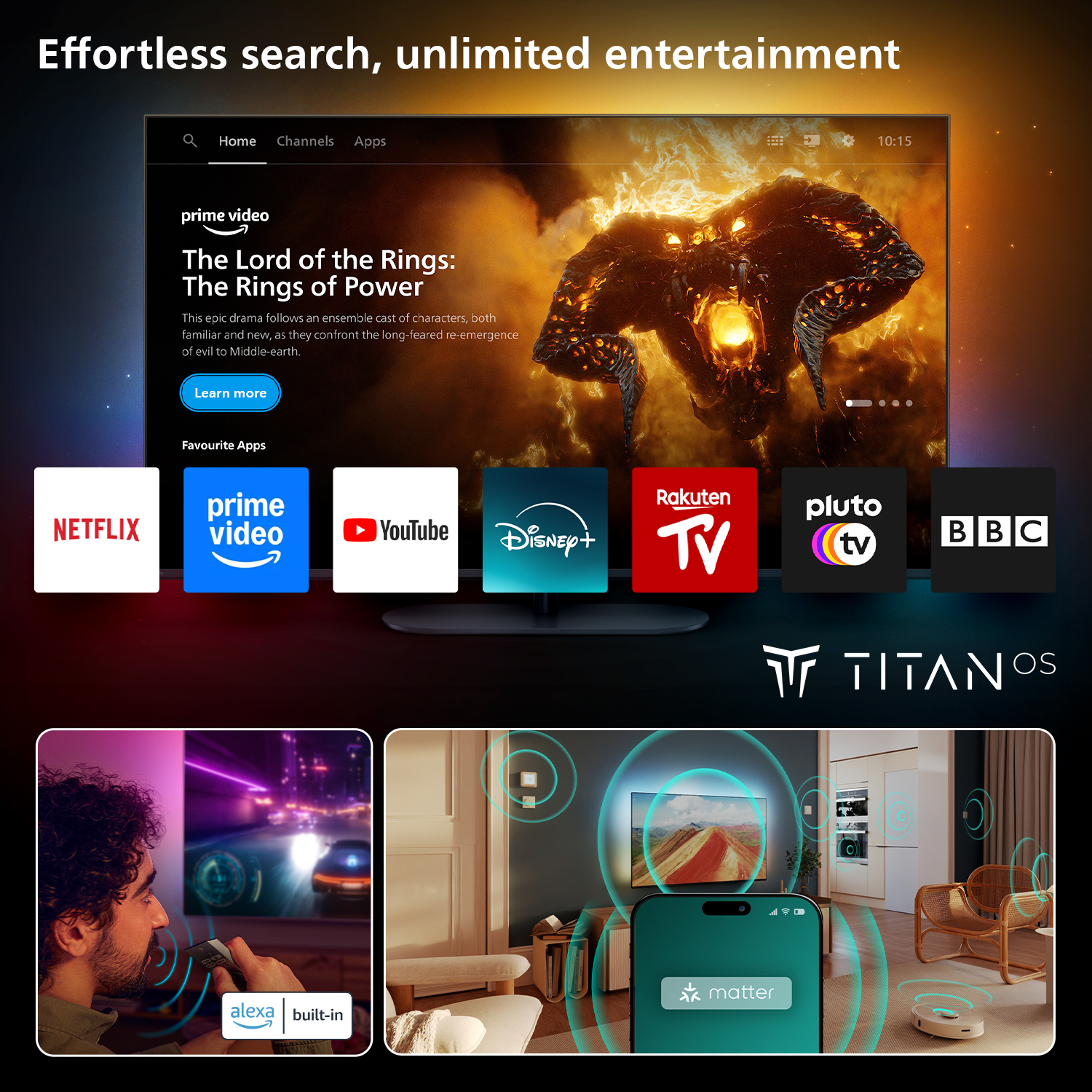 Ekran telewizora z 'Władca Pierścieni'. Poniżej ikony aplikacji. Mężczyzna używa pilota i interfejsu smart home.