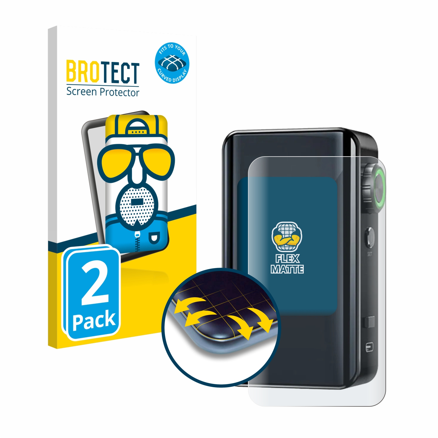 Eine Displayschutzfolienbox und ein Gerät mit angebrachter Folie. Pfeile zeigen die Passform für das gebogene Display an. Texte: BROTECT, FLEX MATTE, 2 Pack.