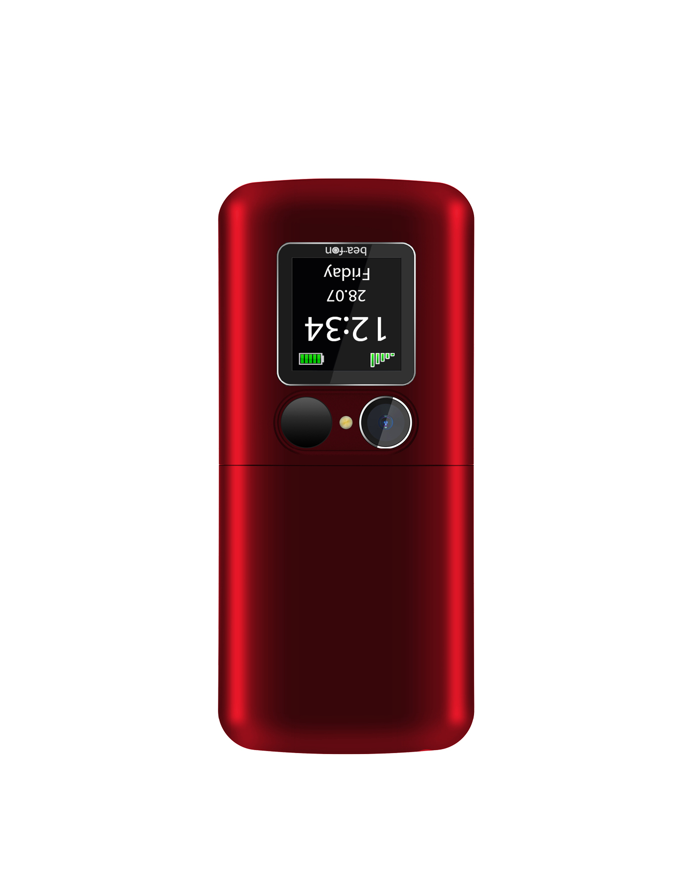 Wyświetlany jest czerwony telefon z klapką. Ekran pokazuje godzinę 12:34, datę 28.07 i piątek. Ma aparat i przyciski.