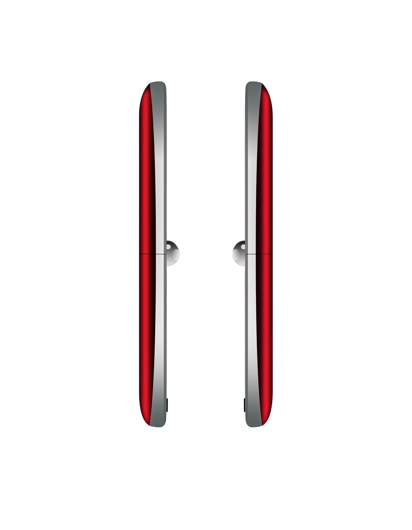 Dwa czerwono-srebrne uchwyty do drzwi na białym tle. Każdy uchwyt ma srebrny uchwyt i czerwony, zakrzywiony korpus.