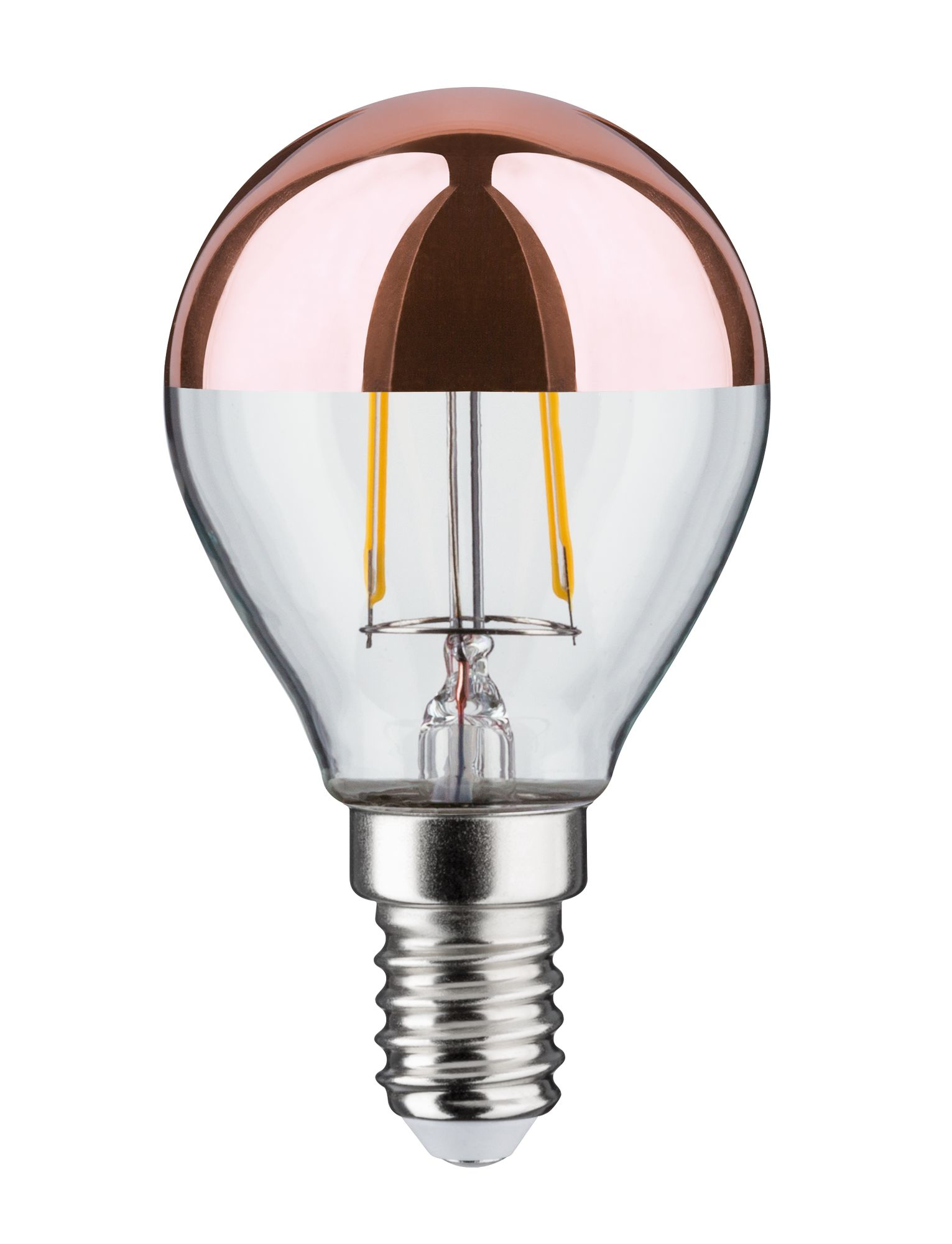 Una lampadina con la parte superiore color rame e un fondo in vetro trasparente. La base è argentata. All'interno, filamenti gialli.