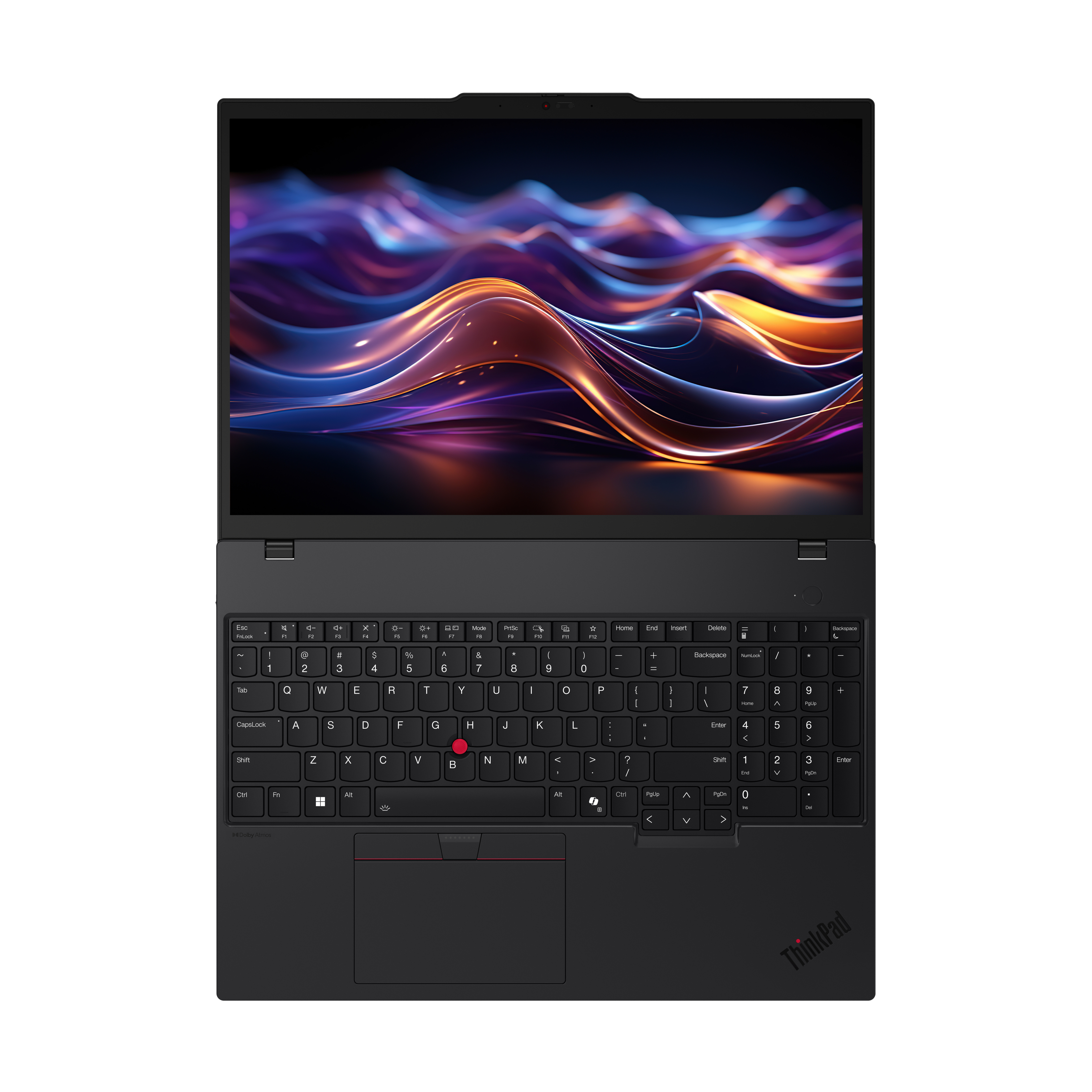 Laptop nero con schermo aperto. Tastiera visibile. Schermo mostra onde colorate astratte. Logo ThinkPad in basso a dx.