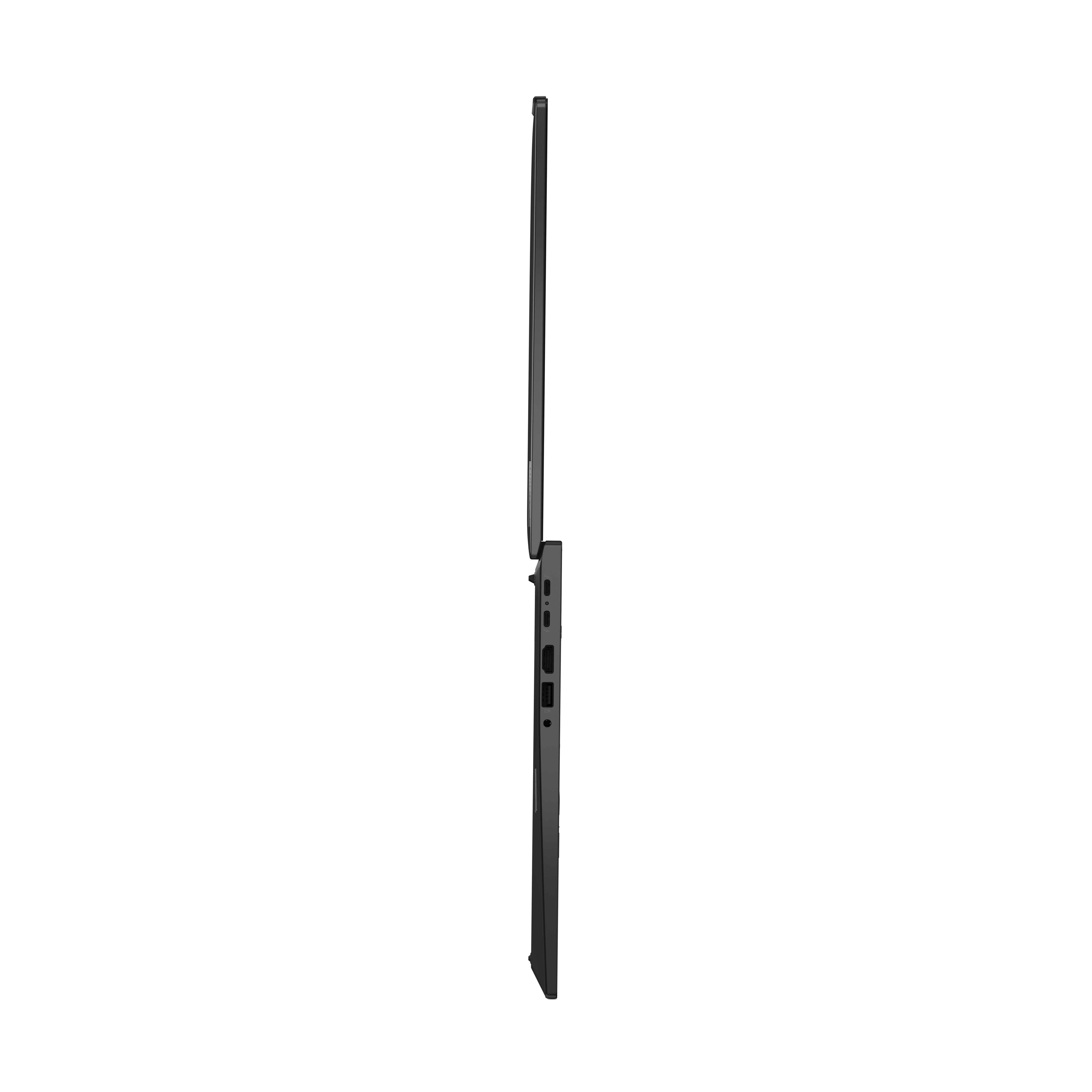 Un laptop nero, visto di lato, è aperto. Lo schermo e la base sono visibili, su sfondo bianco.