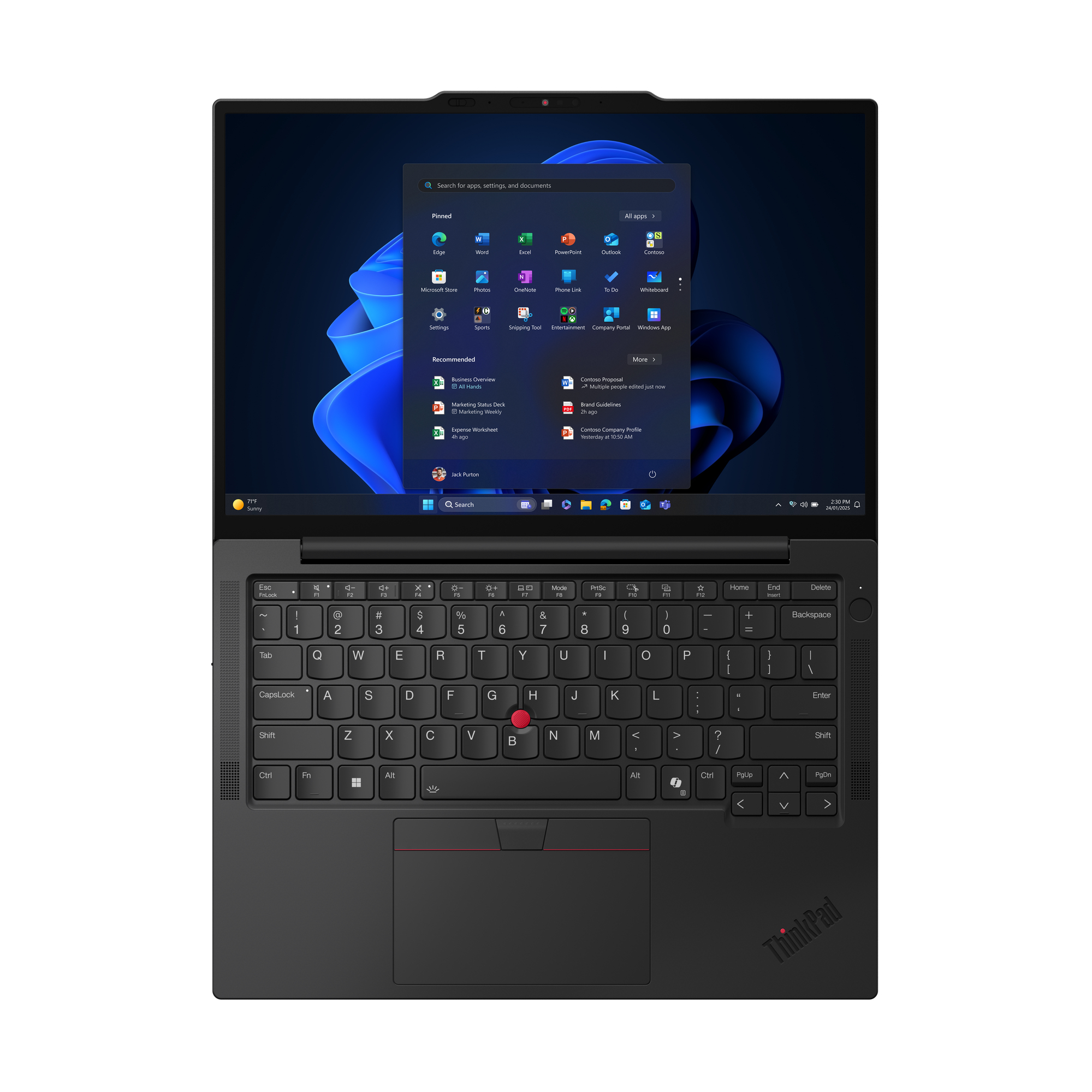 Laptop nero con interfaccia Windows aperta. Tastiera visibile, touchpad sotto. Schermo mostra icone delle app.