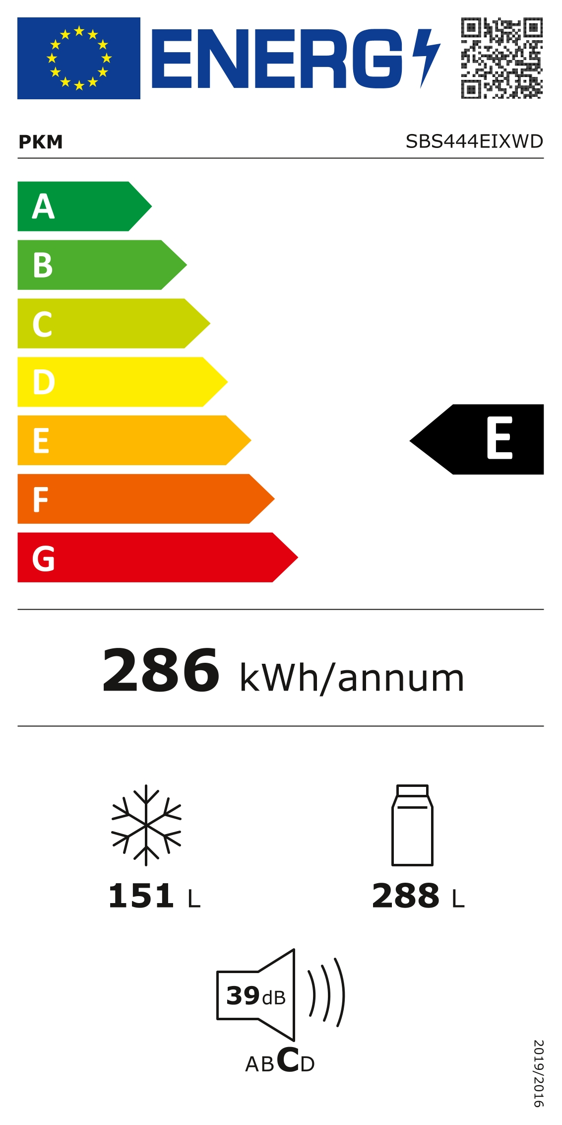 Ein Energielabel für einen Kühlschrank mit Energieeffizienzklasse E, Verbrauch 286 kWh/Jahr und Speicherkapazität.