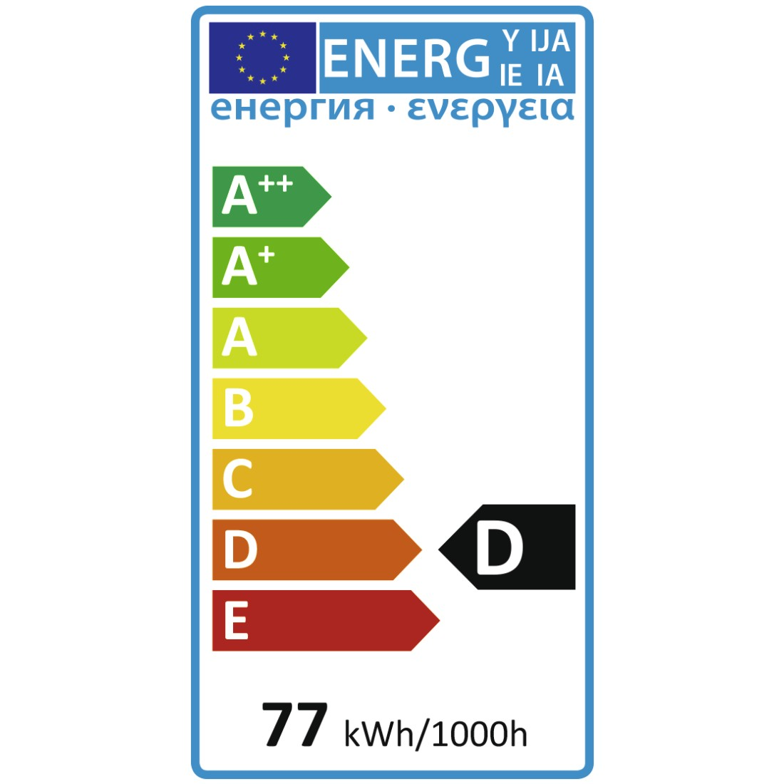 Étiquette énergétique avec notes de A++ à E. Affiche la note 'D'. Comprend '77 kWh/1000h'.