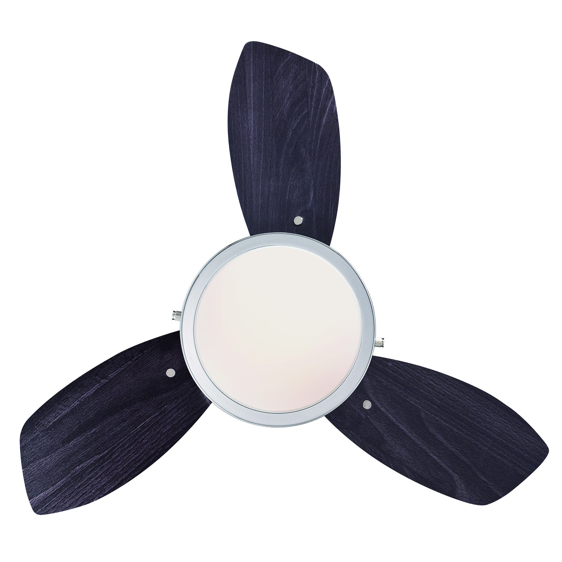 Ein Deckenventilator mit drei dunklen Flügeln und einer zentralen Leuchte, vor weißem Hintergrund.