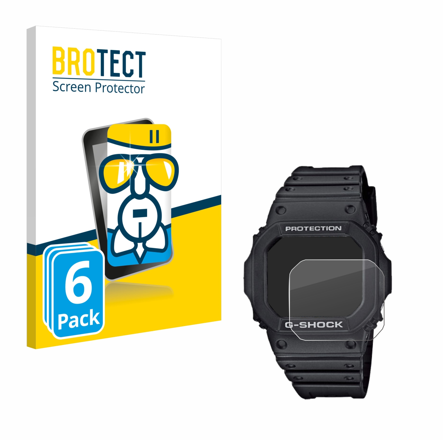 Das Bild zeigt eine Uhr und eine Displayschutzfolienverpackung. Die Uhr ist schwarz, die Verpackung weiß und gelb, mit einer Cartoonfigur.