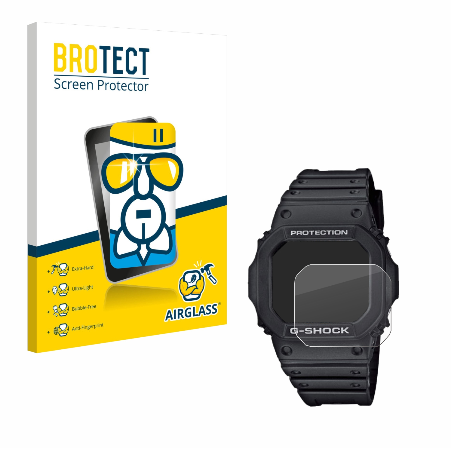 Das Bild zeigt eine Bildschirmschutzbox und eine G-Shock-Uhr. Die Box enthält Produktinformationen. Die Uhr ist schwarz mit aufgebrachtem Displayschutz.