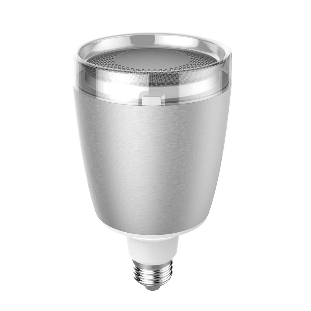 Una lampadina argentata e trasparente con una parte superiore strutturata. Ha una base bianca con connettore a vite.