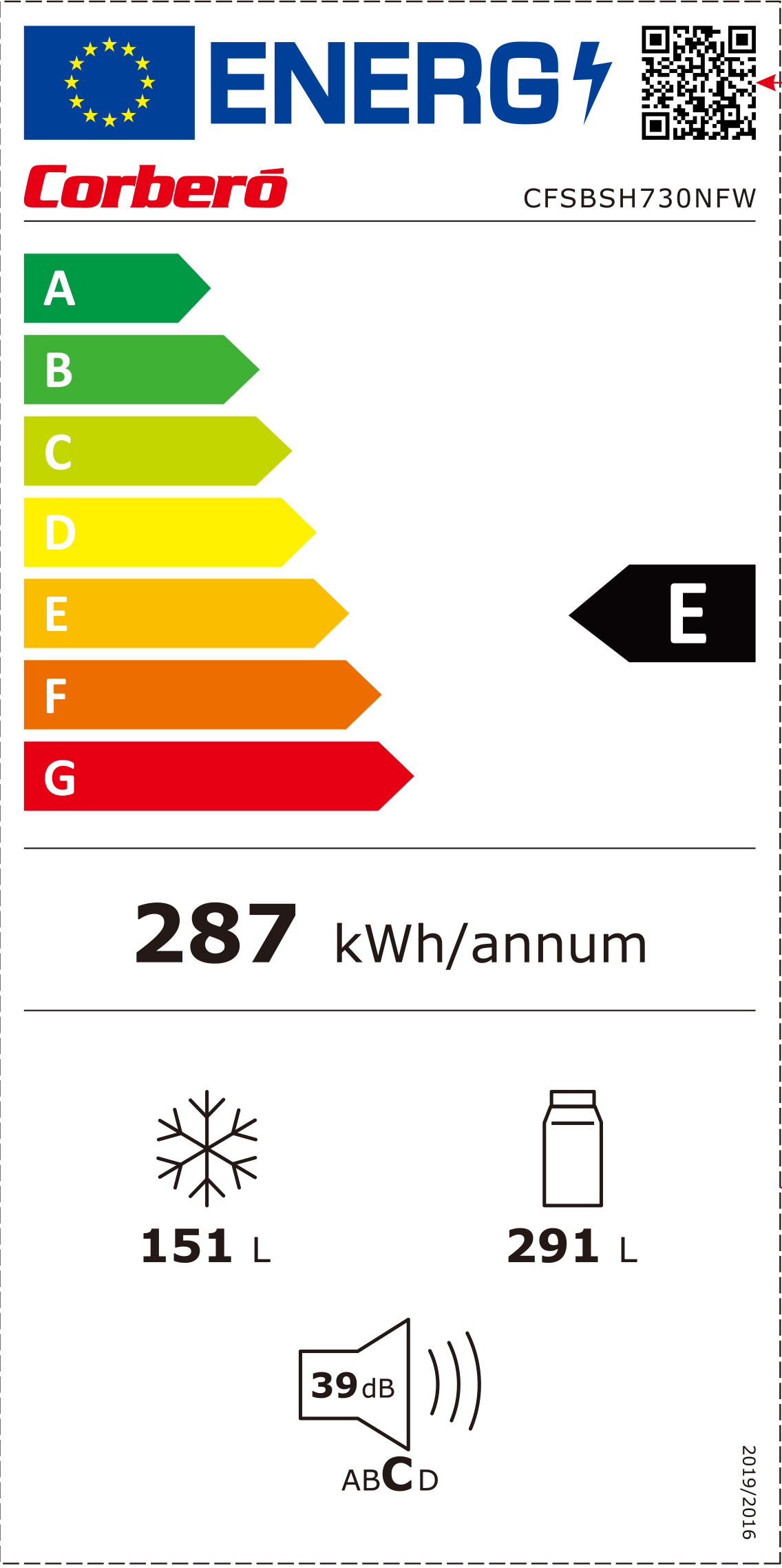 Etykieta energetyczna lodówki. Klasa E, 287 kWh/rok, lodówka 151 L, zamrażalnik 291 L, poziom hałasu 39dB.