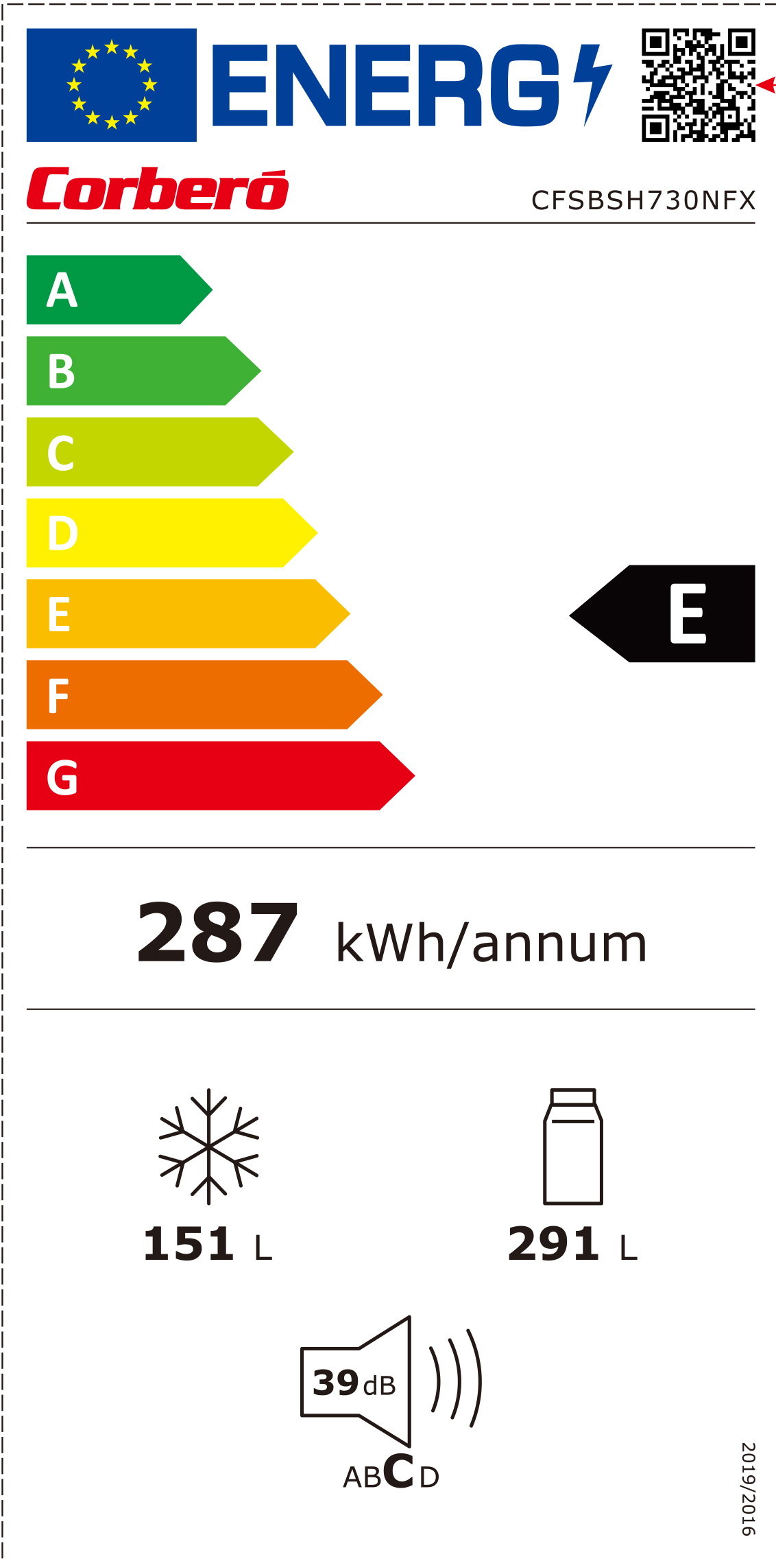 Etykieta energetyczna lodówki. Pokazuje klasę energetyczną E, 287 kWh/rok, zamrażalnik 151 L, lodówka 291 L, i poziom hałasu 39 dB.