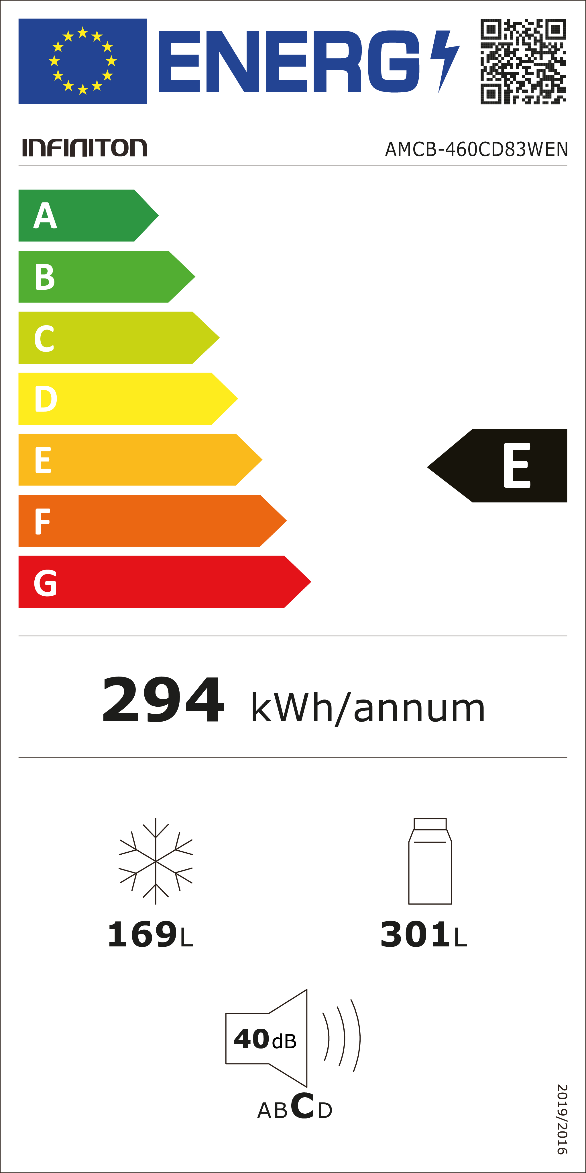 Etiqueta energética. Escala A a G. E es la clasificación energética. Detalles del frigorífico: 294 kWh/año, 169L, 301L, 40dB C.
