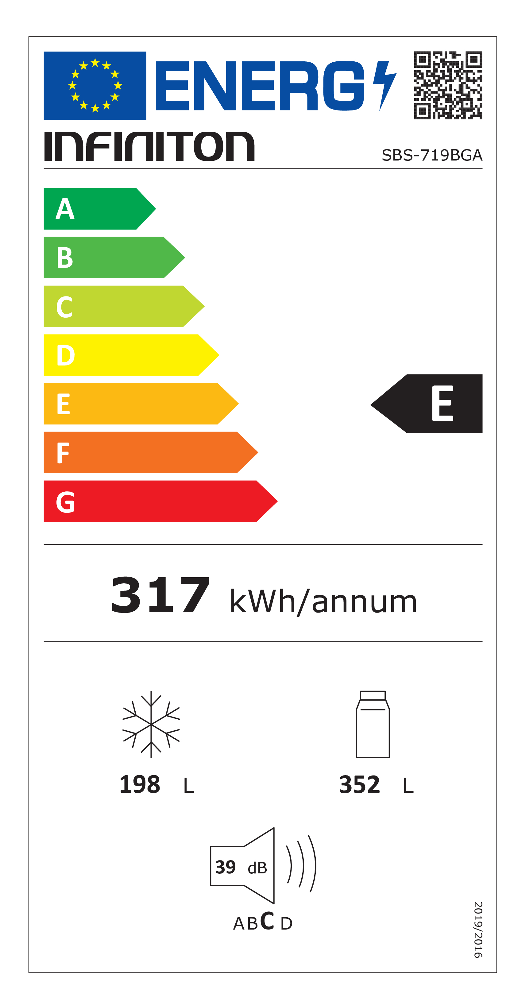 Etiqueta energética de un frigorífico. Muestra la clase E, 317 kWh/año, 198L capacidad, 39dB nivel de ruido.