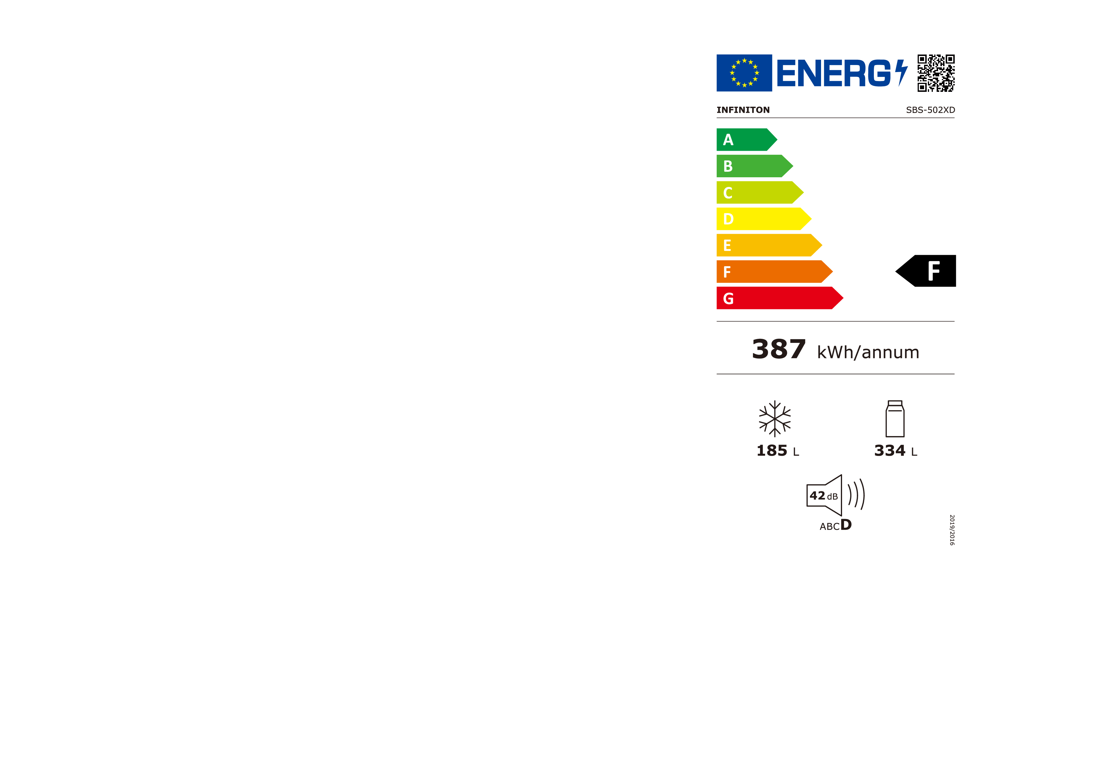 Etiqueta energética de nevera. Muestra eficiencia, capacidad y nivel de ruido, incluyendo la marca INFINITON.